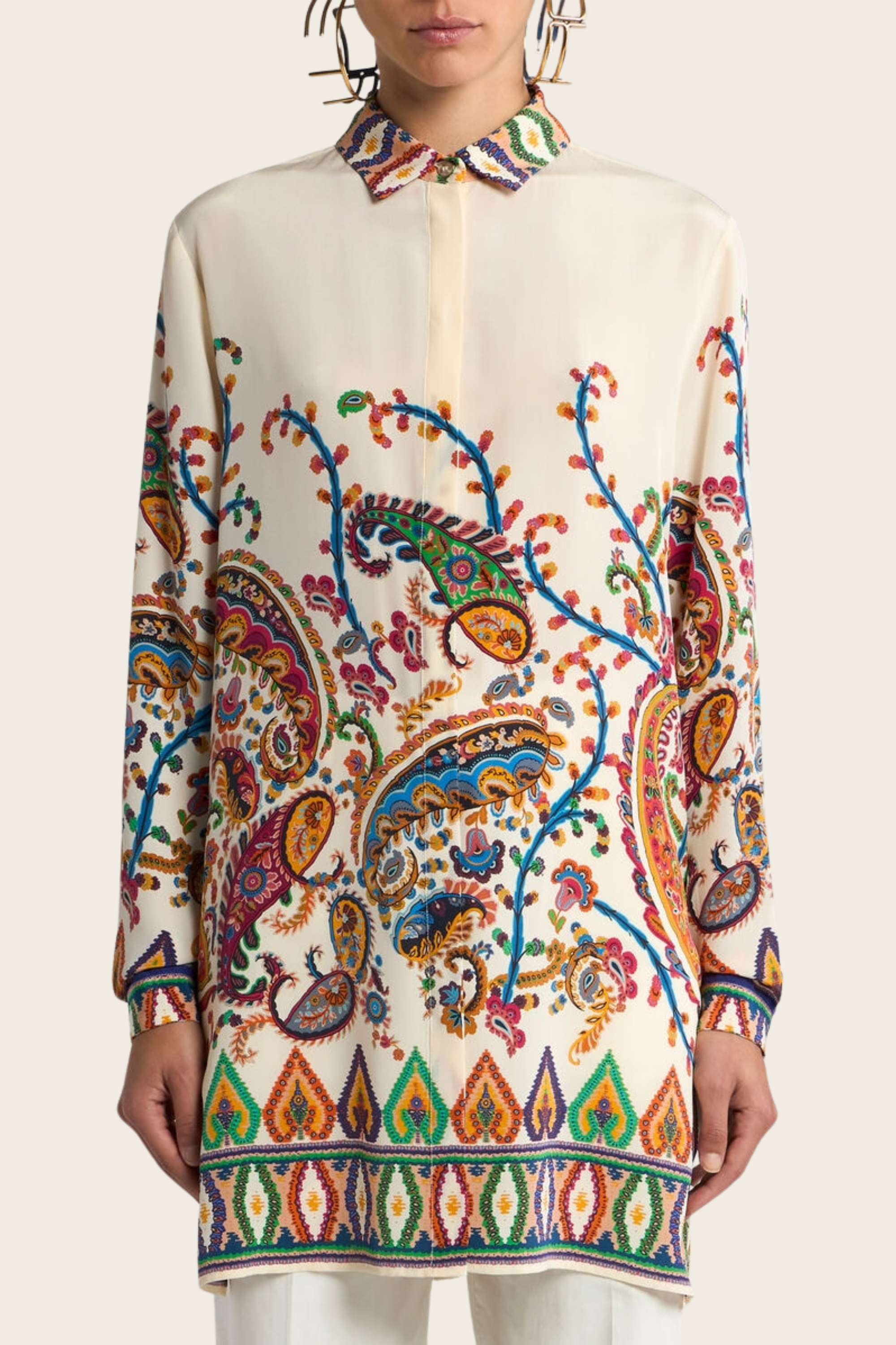 Long Silk Shirt with Placed Floral Paisley Print - Etro