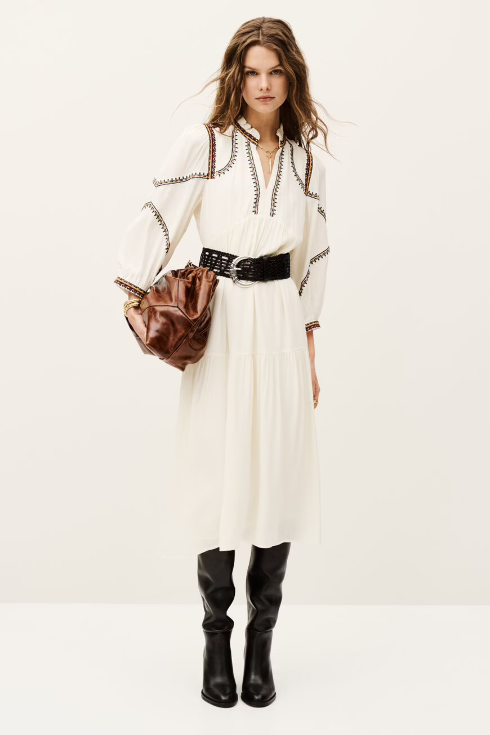 Tunia robe, 50% Viscose, 50% Viscose, Colour: Ecru, Long puffed sleeves, New Arrivals, SS25, Espace Cannelle