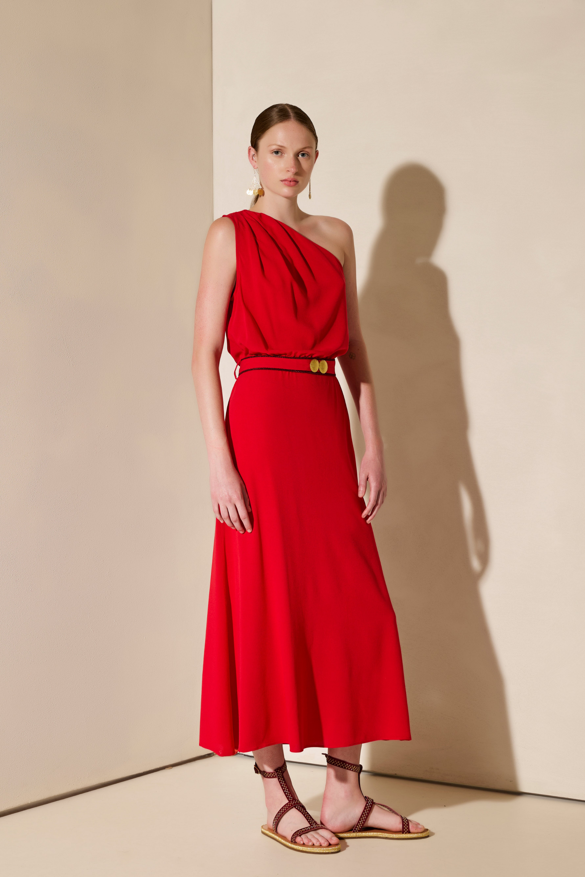 Porpes One Shoulder Midi Dress, Colour Sunset Red, Fabric 100% Viscose, Made in Hellas, New Arrivals, SS25, Espace Cannelle