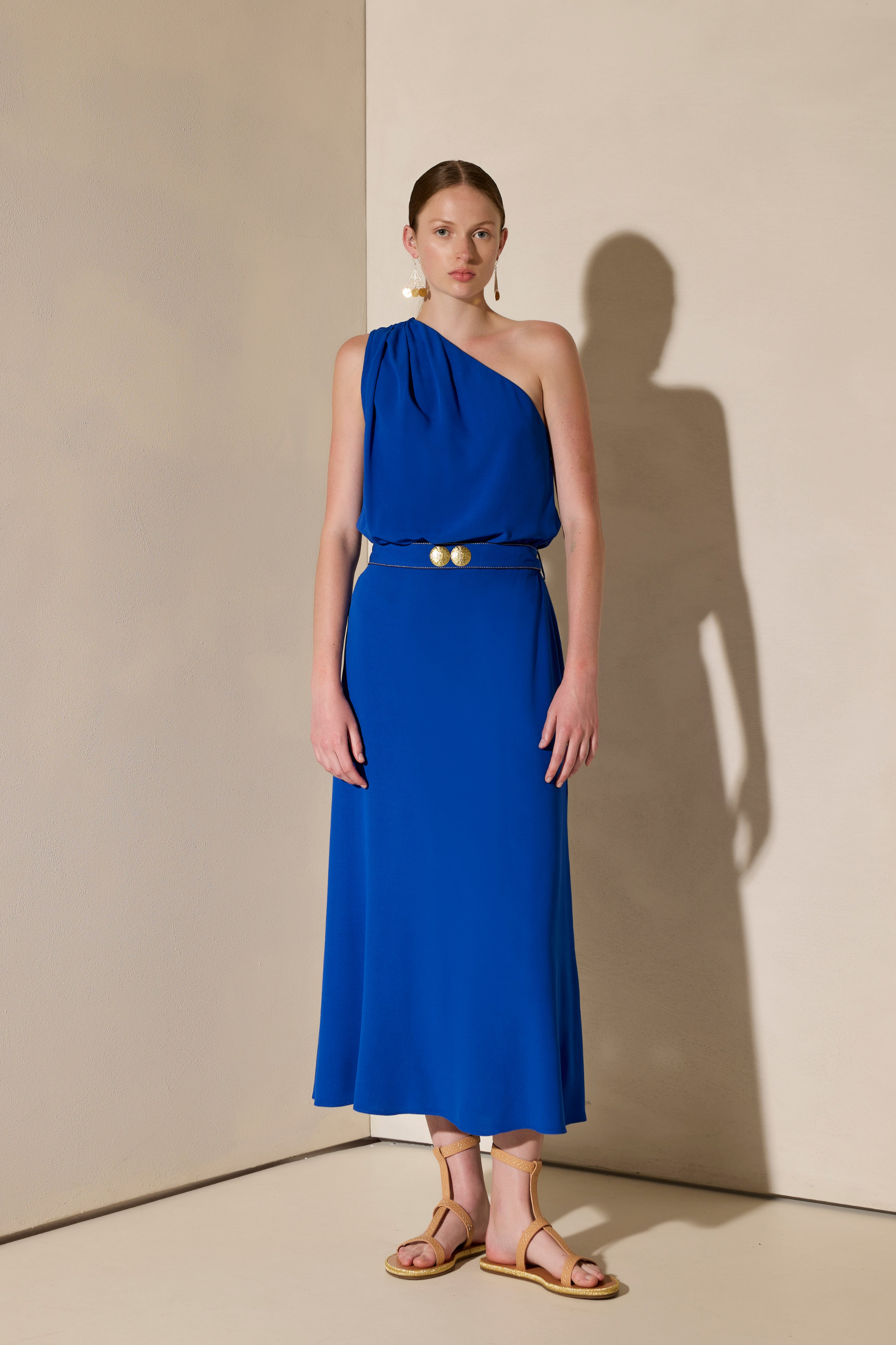 Porpes One Shoulder Midi Dress, Colour Greek Blue, Fabric 100% Viscose, Made in Hellas, New Arrivals, SS25, Espace Cannelle