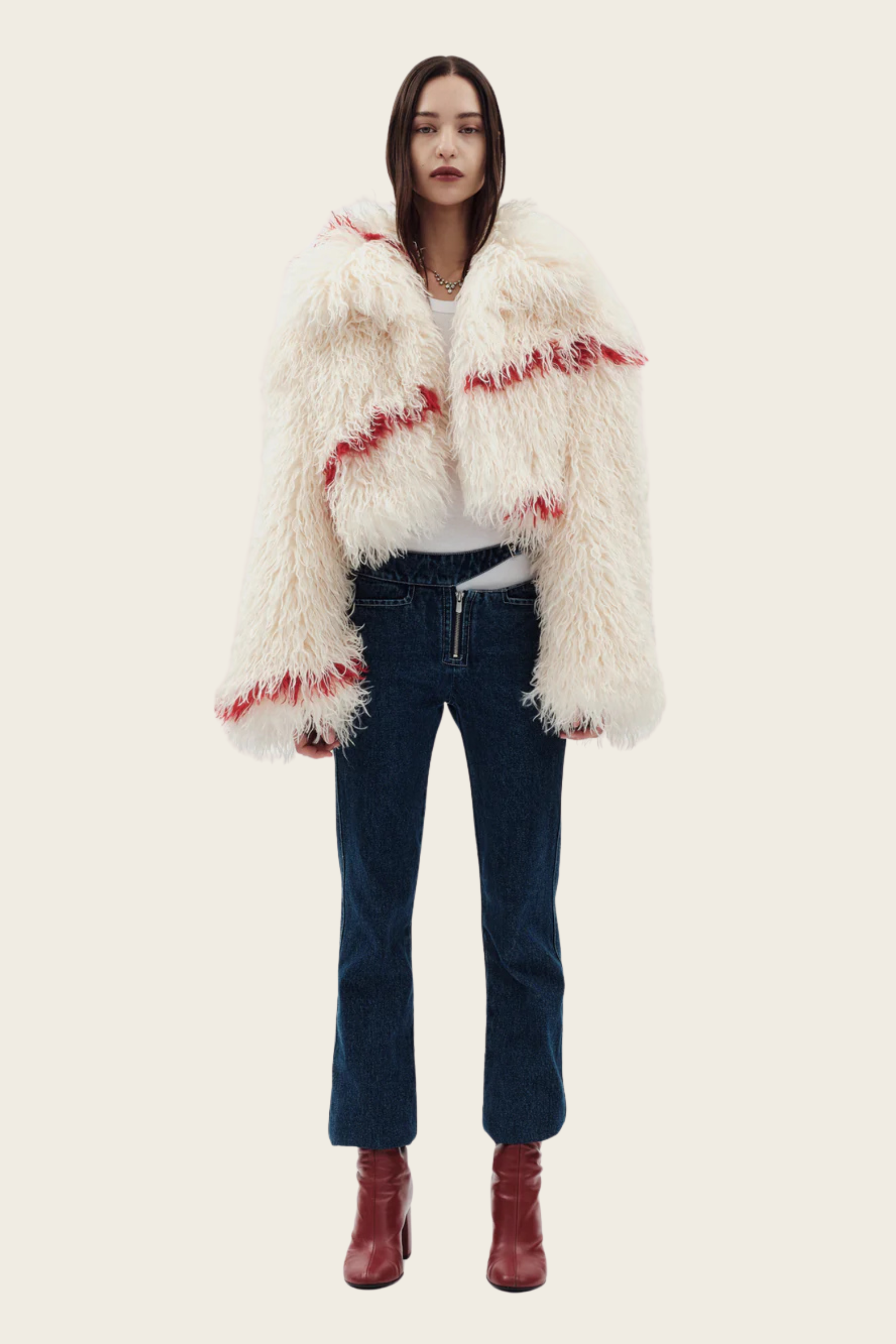 Spun Jacket, Composition: Two-tone faux Mongolian fur, Colour: White and Red, Concealed hook-and-eye fastening, New Arrivals, Espace Cannelle, FW25