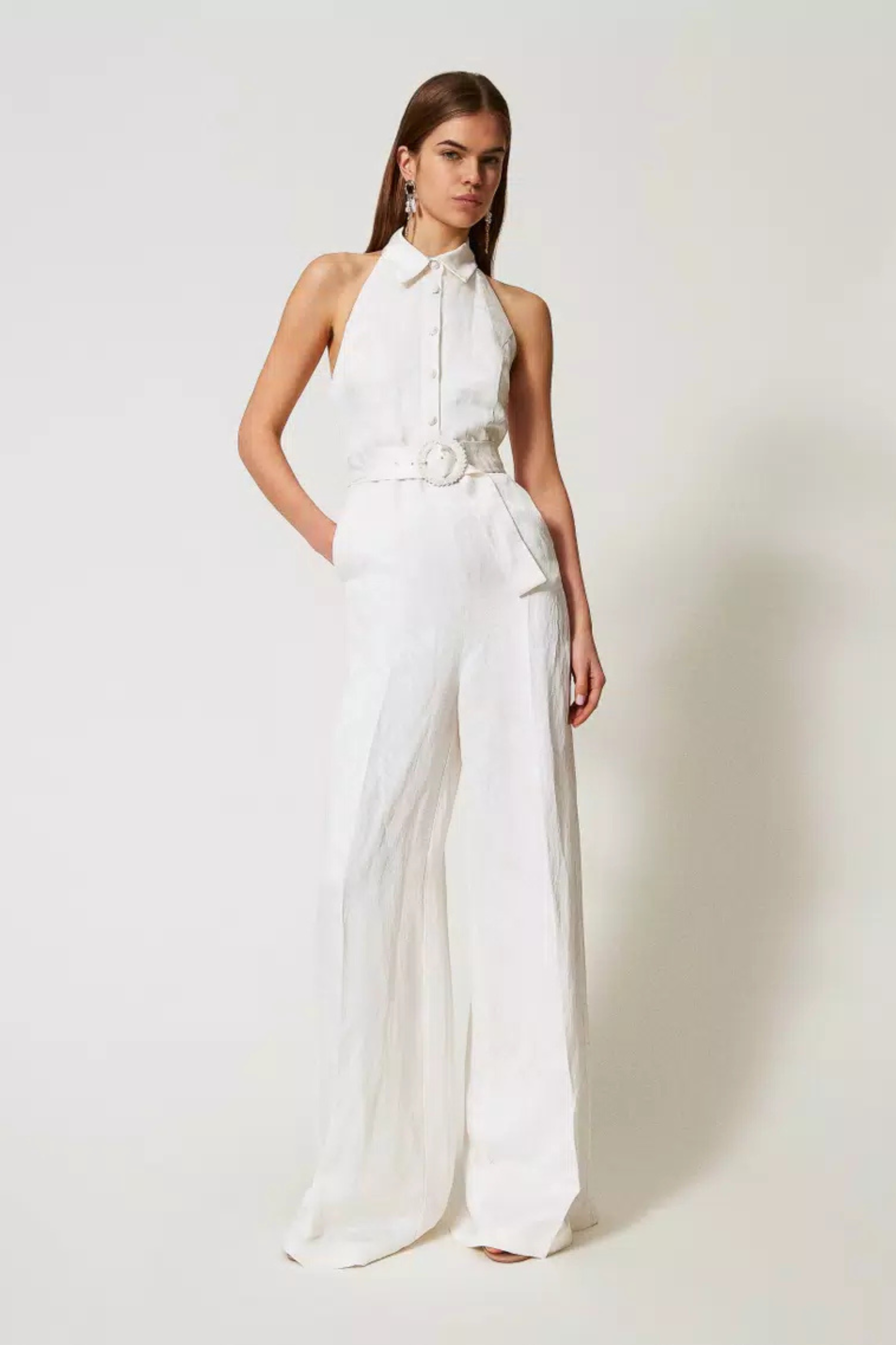 Long jacquard satin jumpsuit, Fabric 61% Viscose 39% Linen, Colour White Snow, Covered button and zip closure, New Arrivals, SS25, Espace Cannelle
