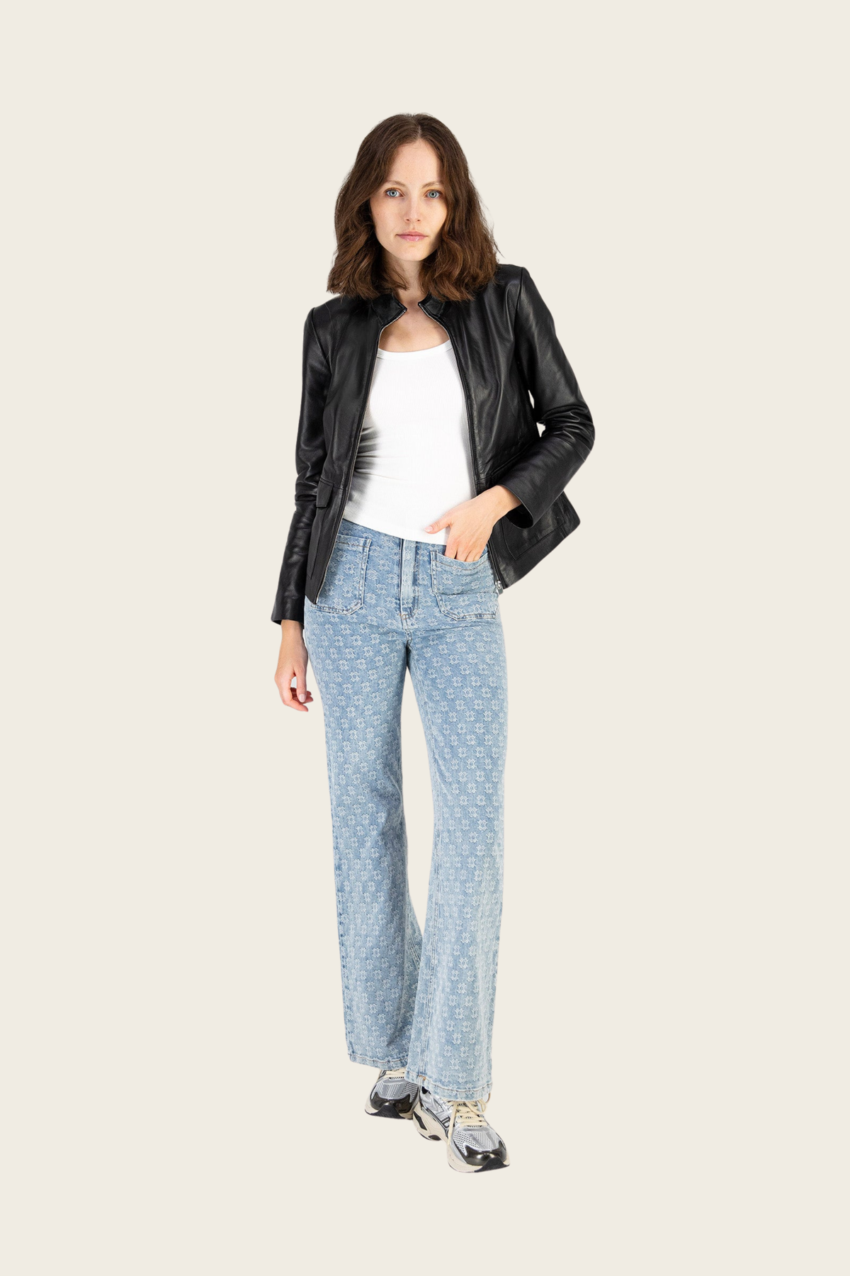 Black Monica jacket by Max&Moi, worn open over a white top with patterned jeans - espace cannelle