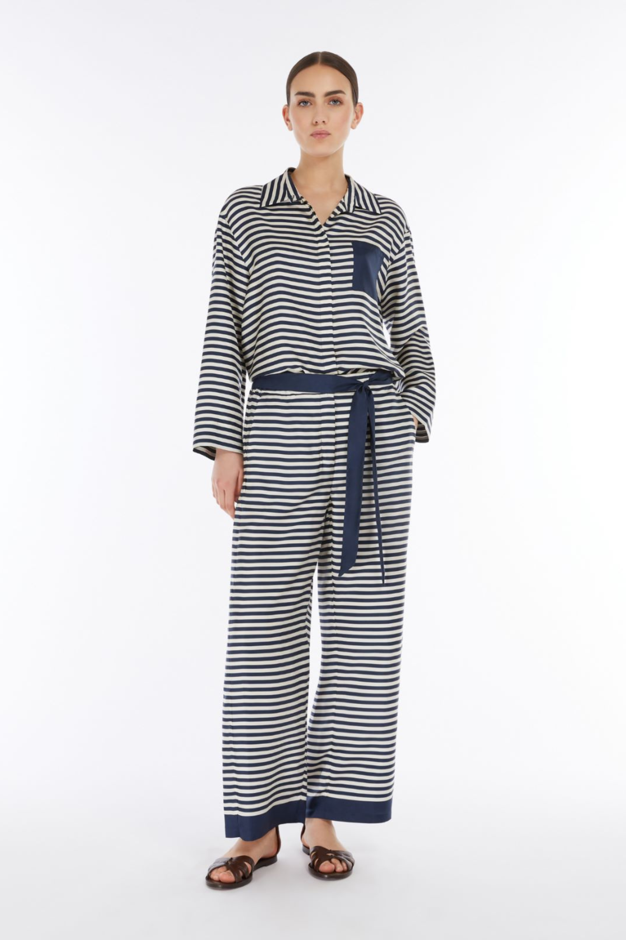 Nine Trousers, Colour: Blue & White, 100% Silk, Elasticated back waist, New Arrivals, SS25, Espace Cannelle