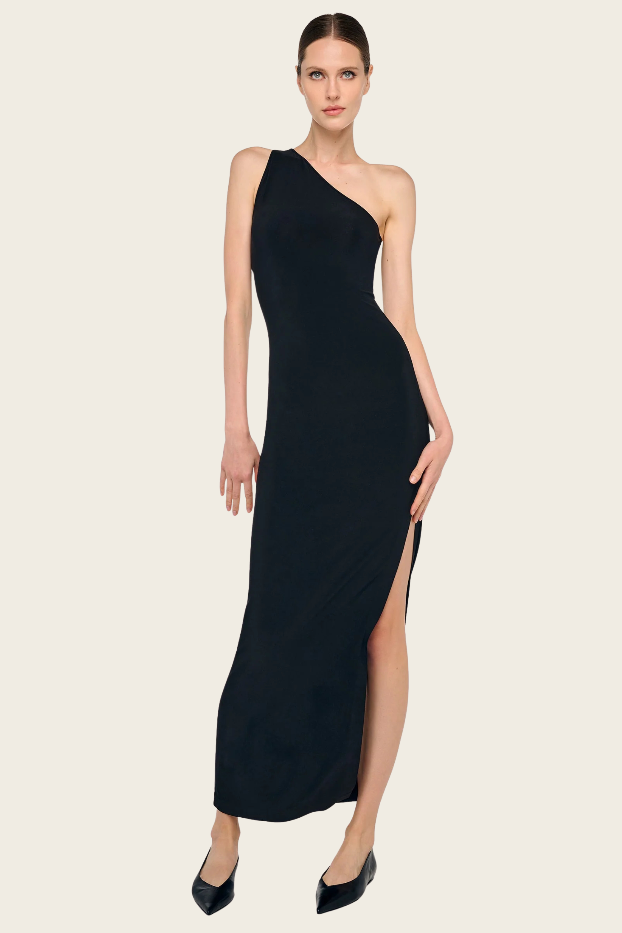Vestido comprido de um ombro só com racha lateral - Norma Kamali