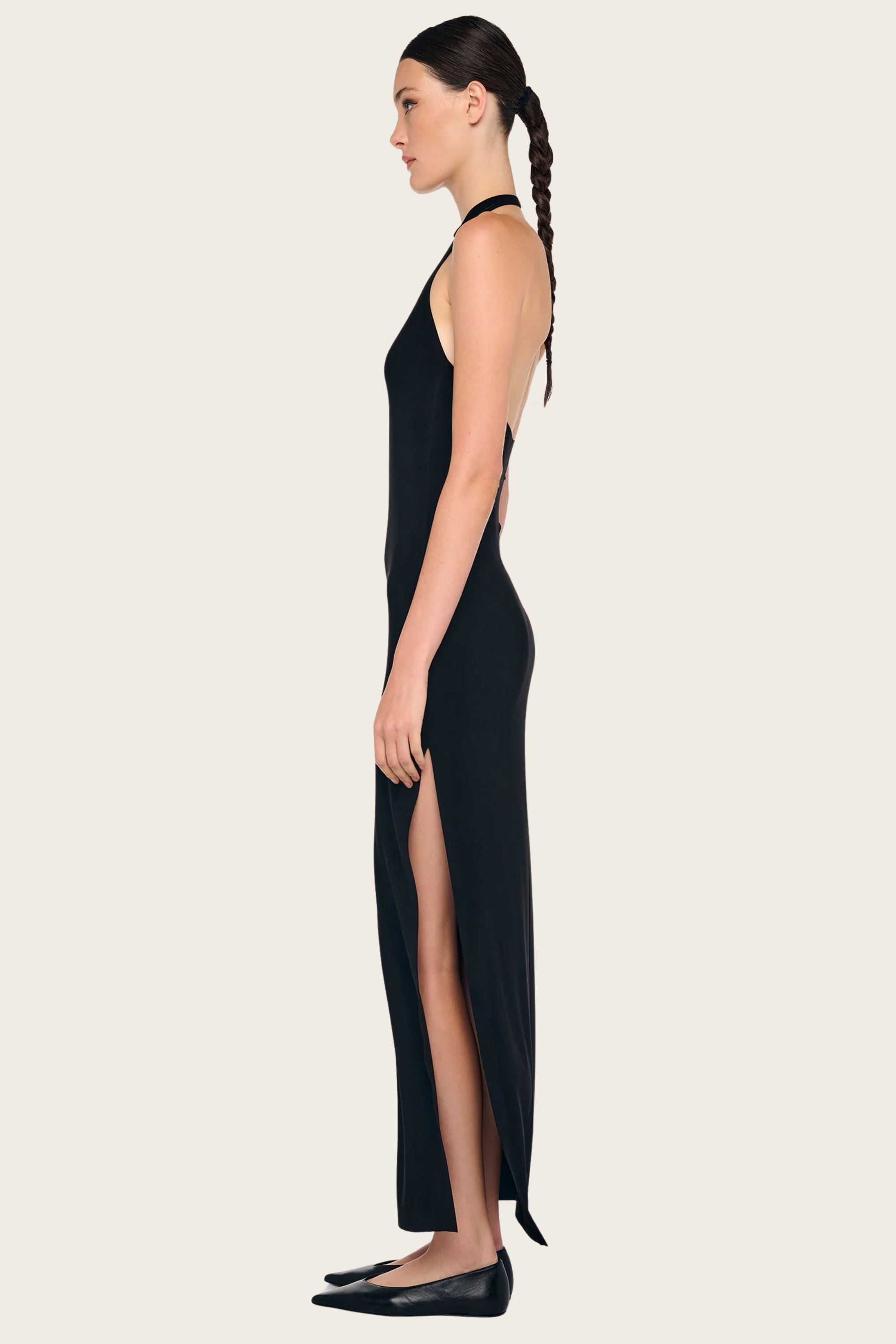 Vestido comprido com decote halter e racha lateral - Norma Kamali