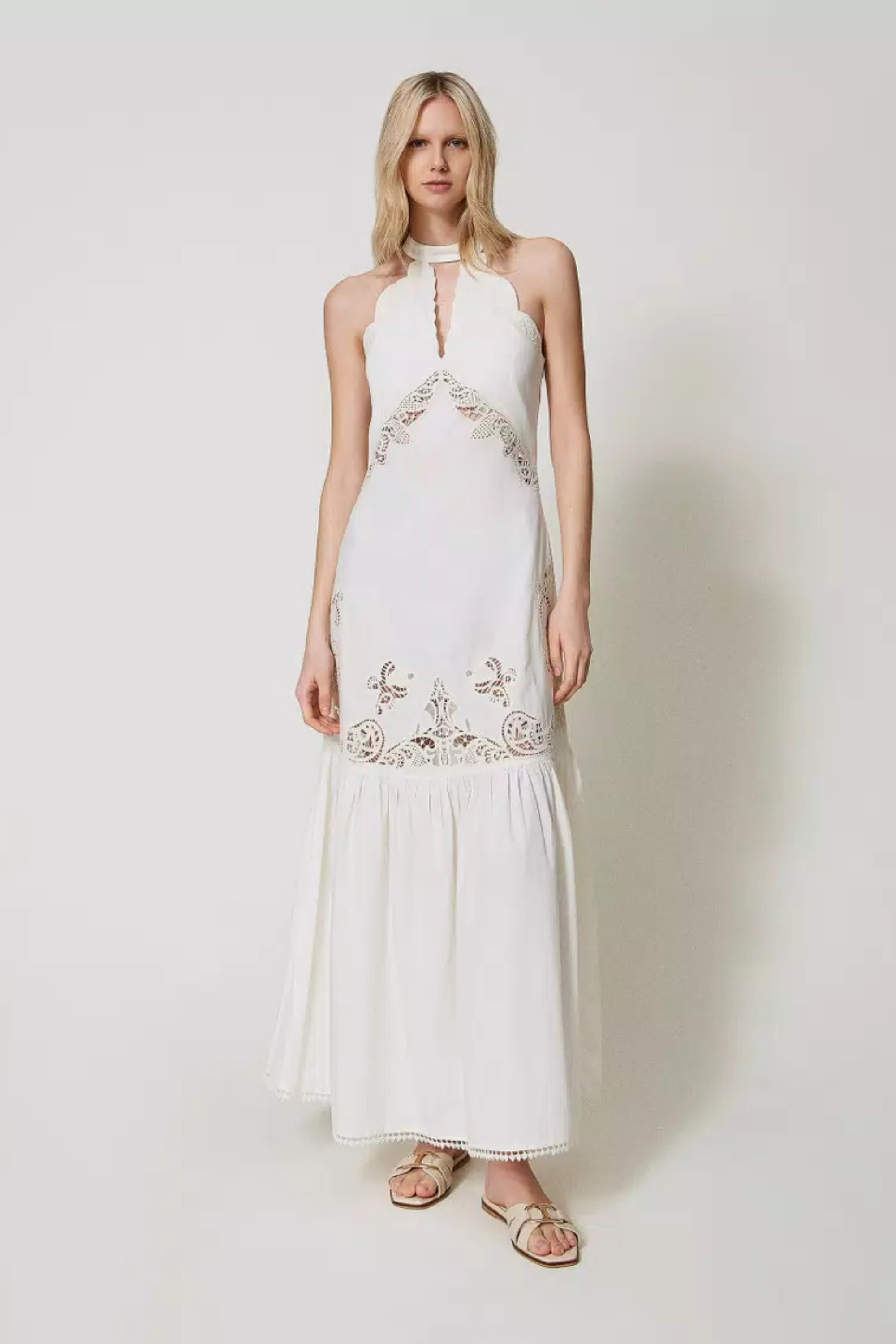 Long dress with embroidery, Fabric 100% Cotton, Colour Ivory, Halter neck with scalloped embroidered armholes, New Arrivals, SS25, Espace Cannelle
