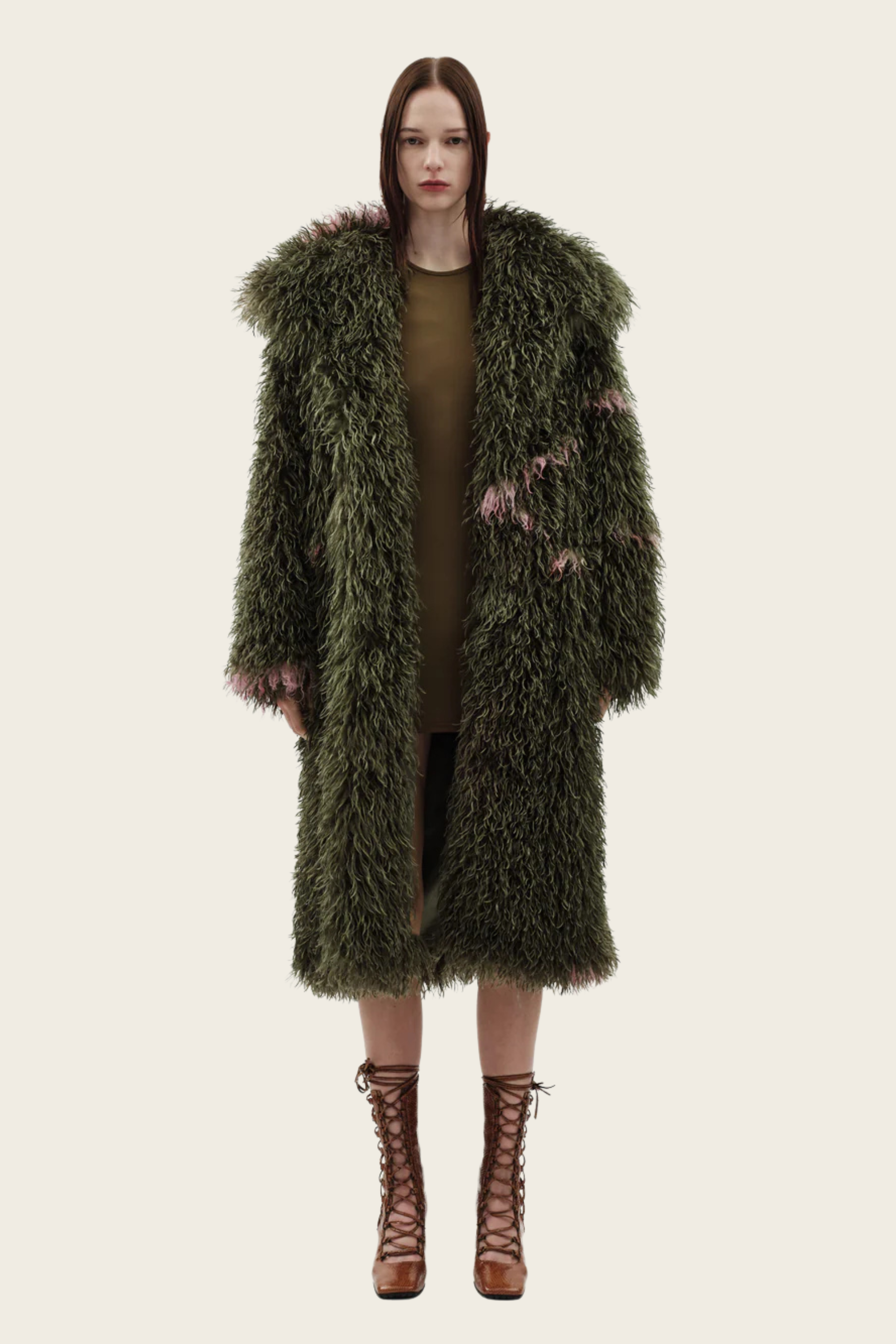 Cascade Coat, Composition: Faux Mongolian fur, Colour: Green and Pink contrast taupe trim (two-tone finish), Concealed snap button fastening, New Arrivals, Espace Cannelle, FW25