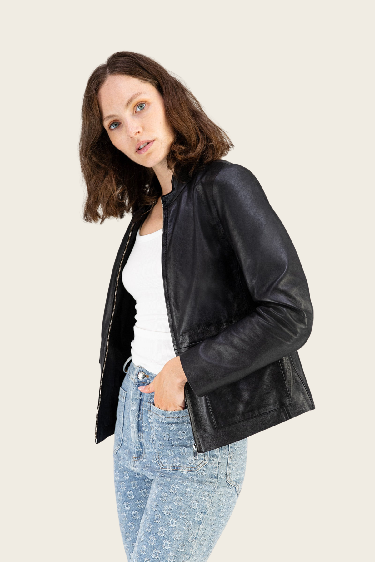 Black Monica jacket by Max&Moi, angled view showing long sleeves and flared hem - espace cannelle