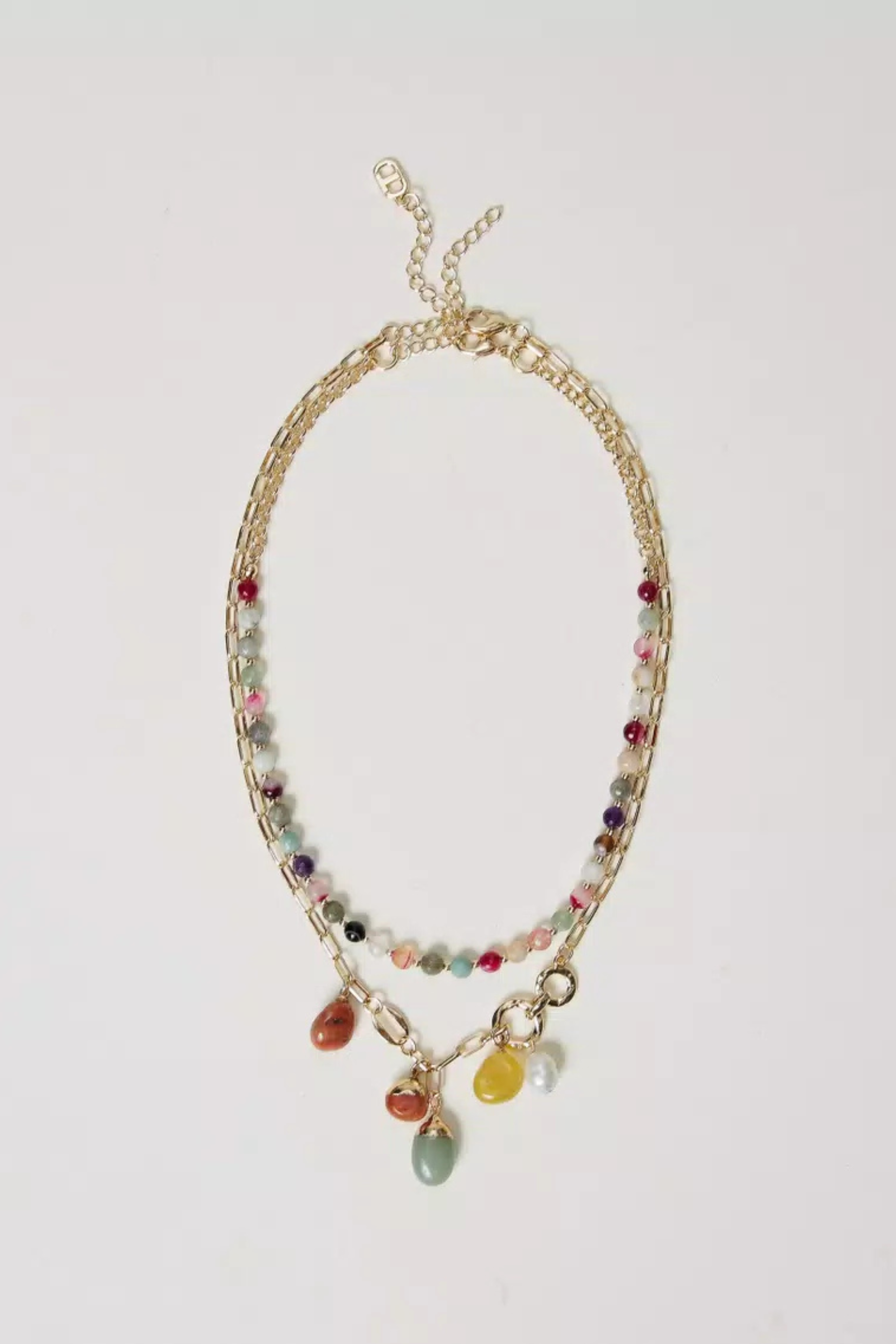 Multi-strand necklace with stones and pendants, Multicolour Stones New Gold, 100% Brass, 100% Hard Stone, 100% Freshwater Pearls, Double-strand choker style, New Arrivals, SS25, Espace Cannelle