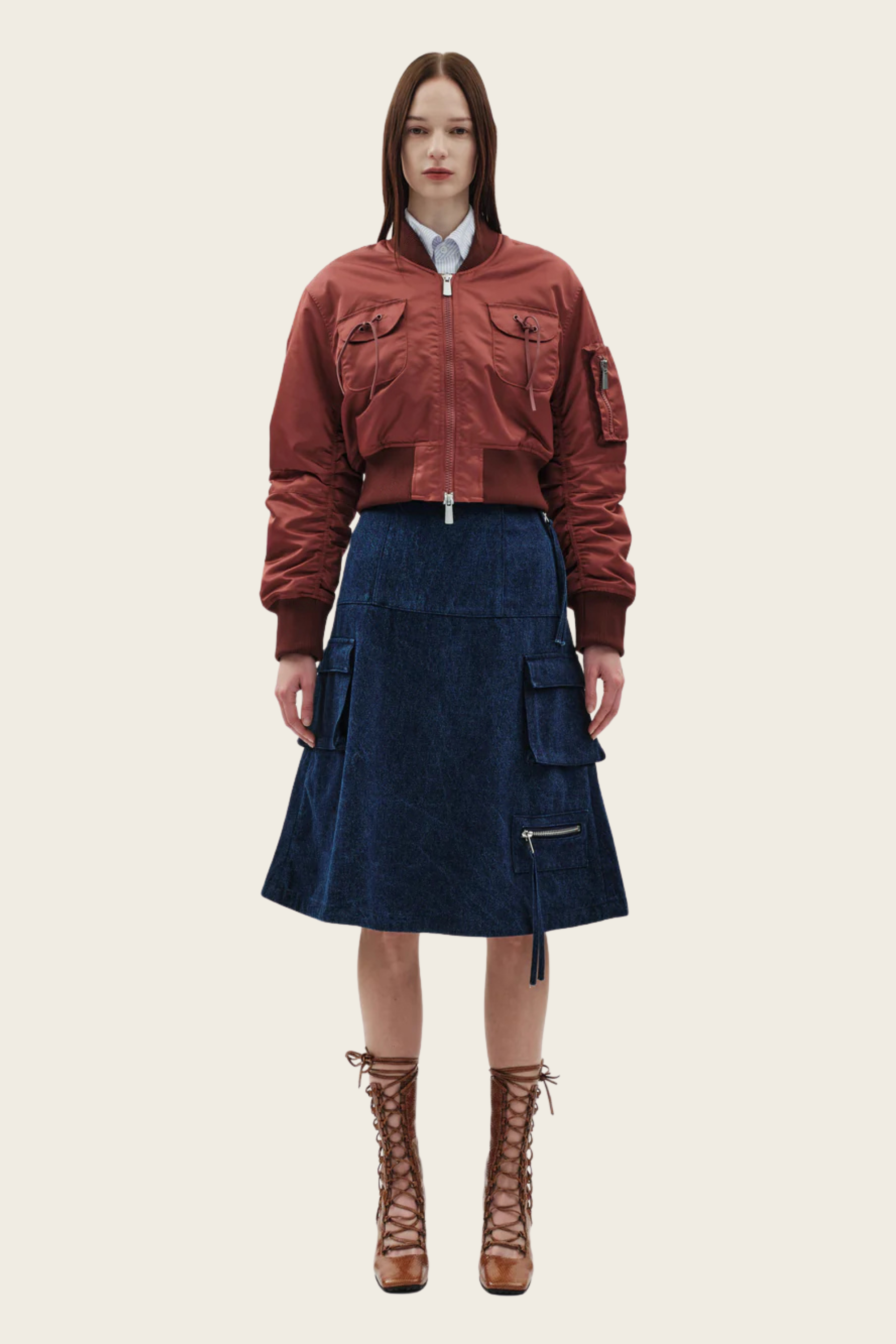 Cargo Skirt, Material: Faux Leather, Composition: 100% Cotton Denim base, Colour: Jeans, New Arrivals, Espace Cannelle, FW25