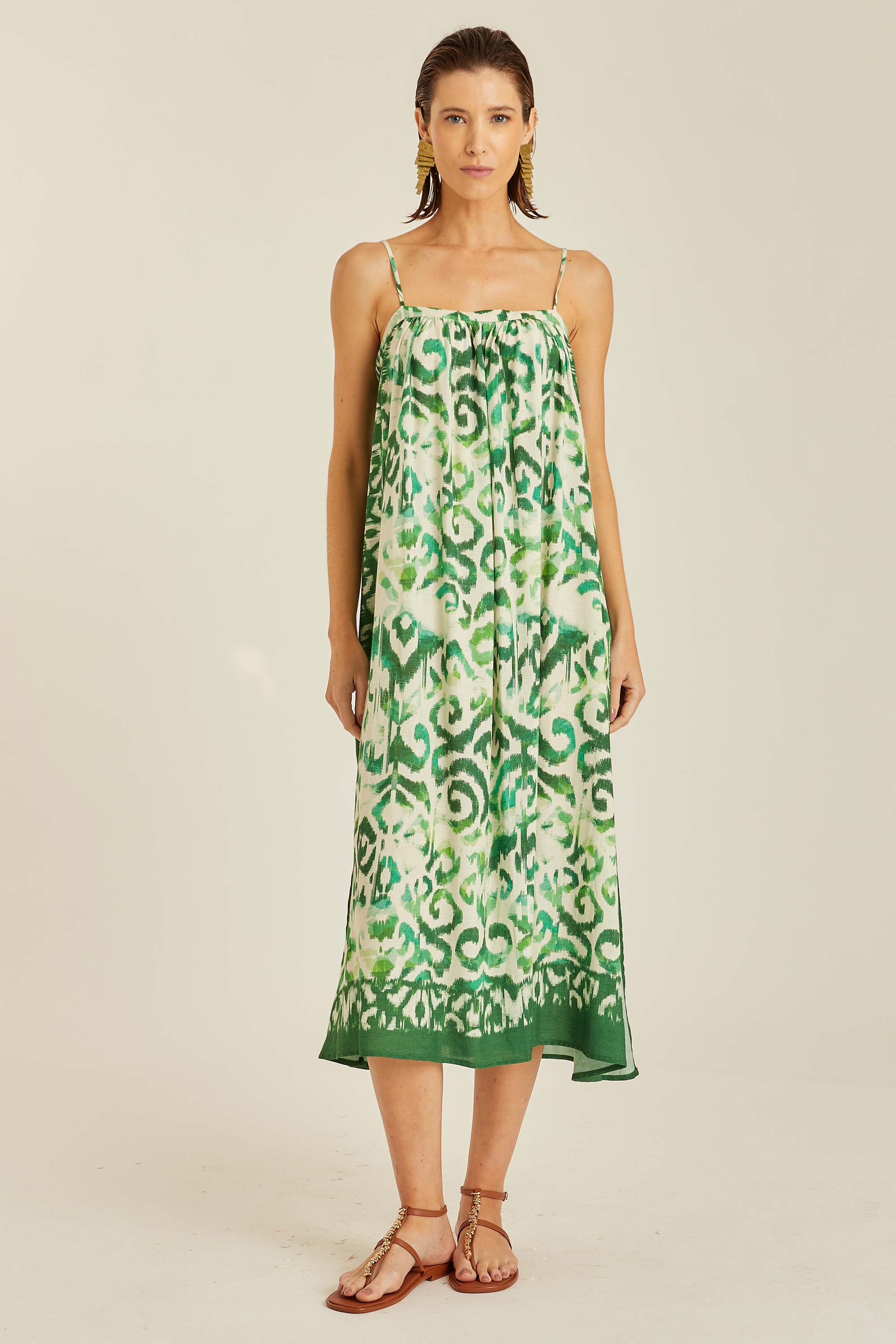 Straight Neck Dress, 75% Viscose, 25% Linen, Colour: Tanger, Adjustable straps for a customized fit, New Arrivals, SS25, Espace Cannelle