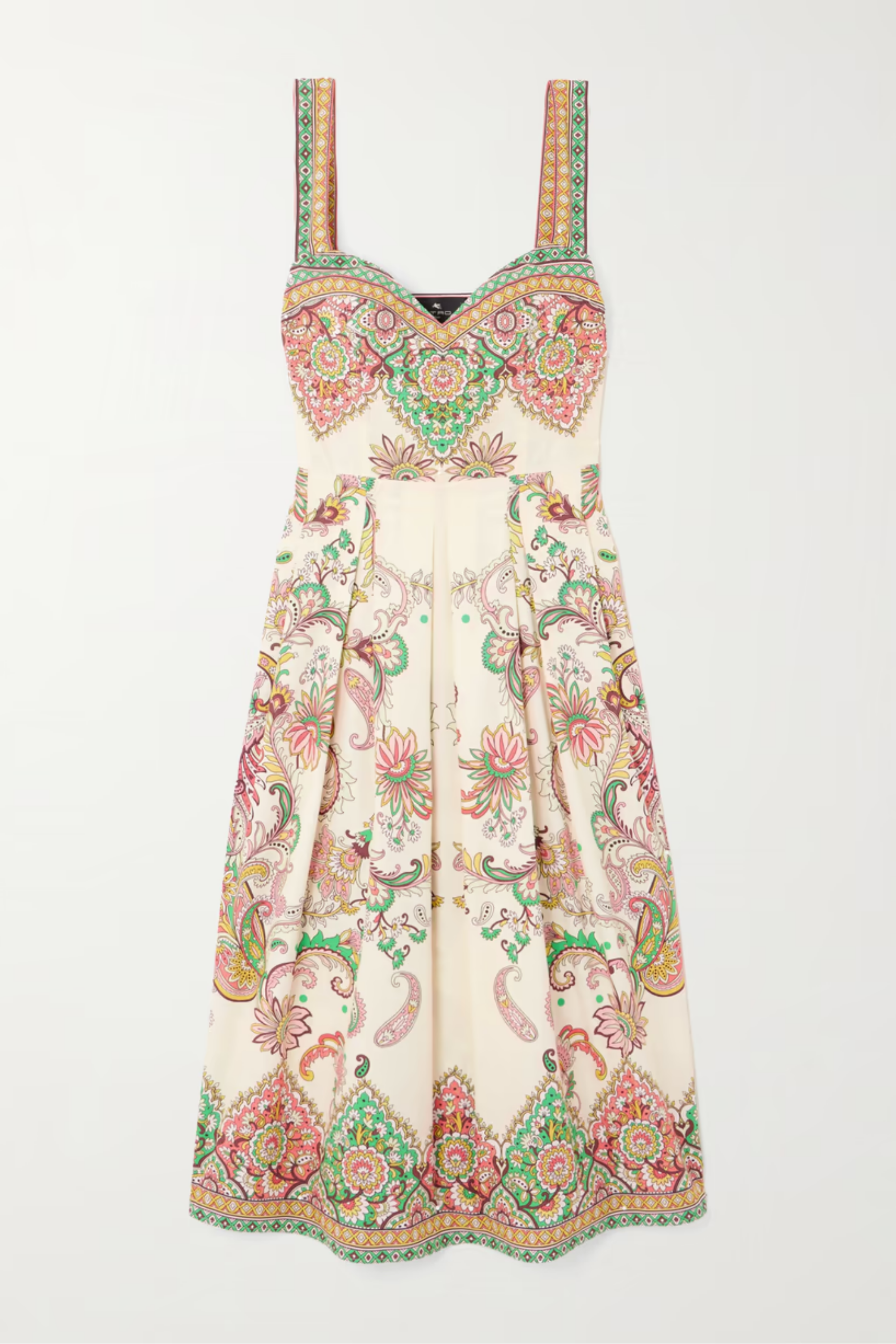 Pleated Printed Midi Dress, Colour White with multicoloured floral and paisley print, Fabric 100% Cotton, New Arrivals, SS25, Espace Cannelle