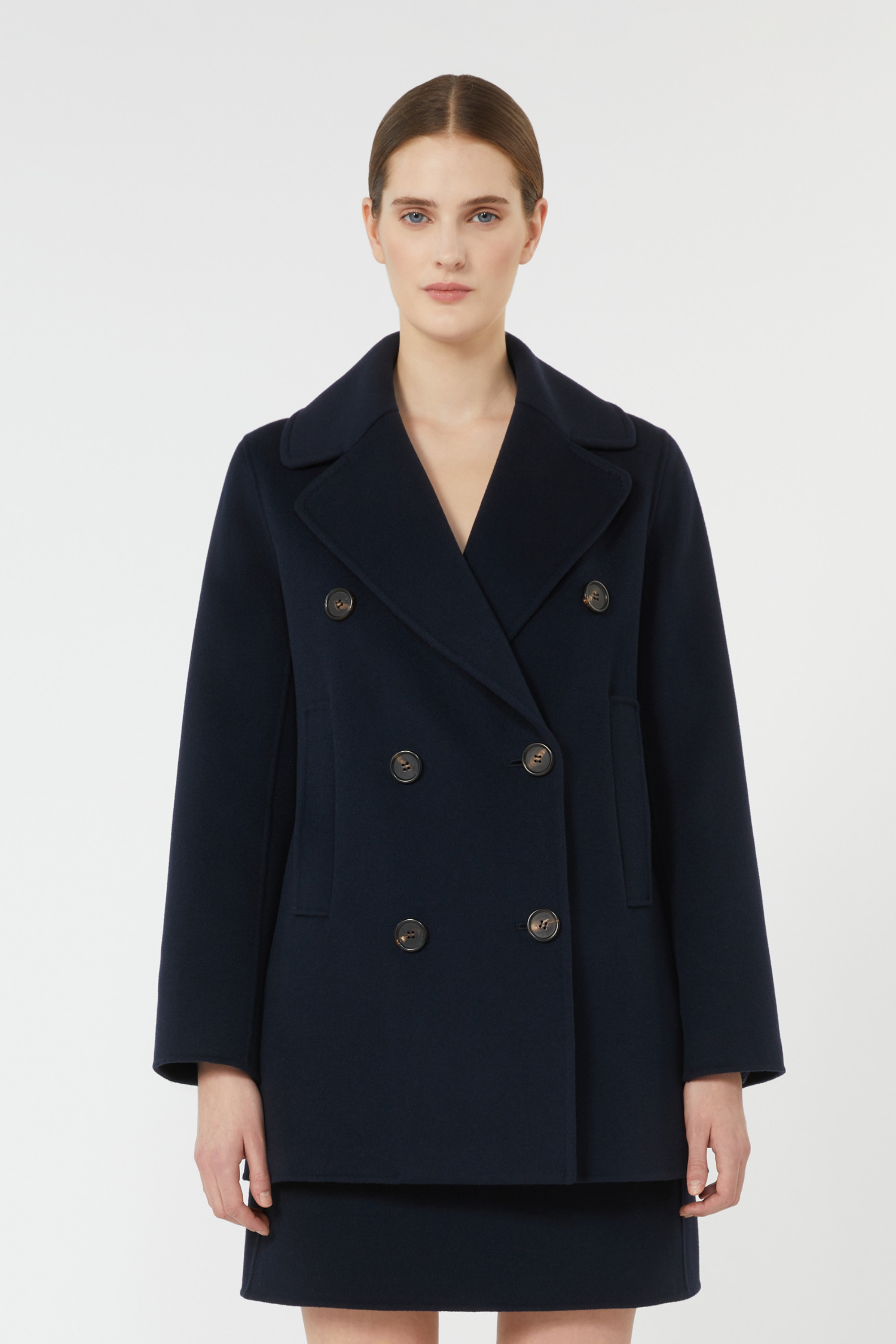Caban Wool Pea Coat, Fabric: 100% Virgin Wool (except joining thread), Colour: Midnight Blue, Sleeves: Long set-in sleeves with cuff slits, FW25, New Arrivals, Espace Cannelle