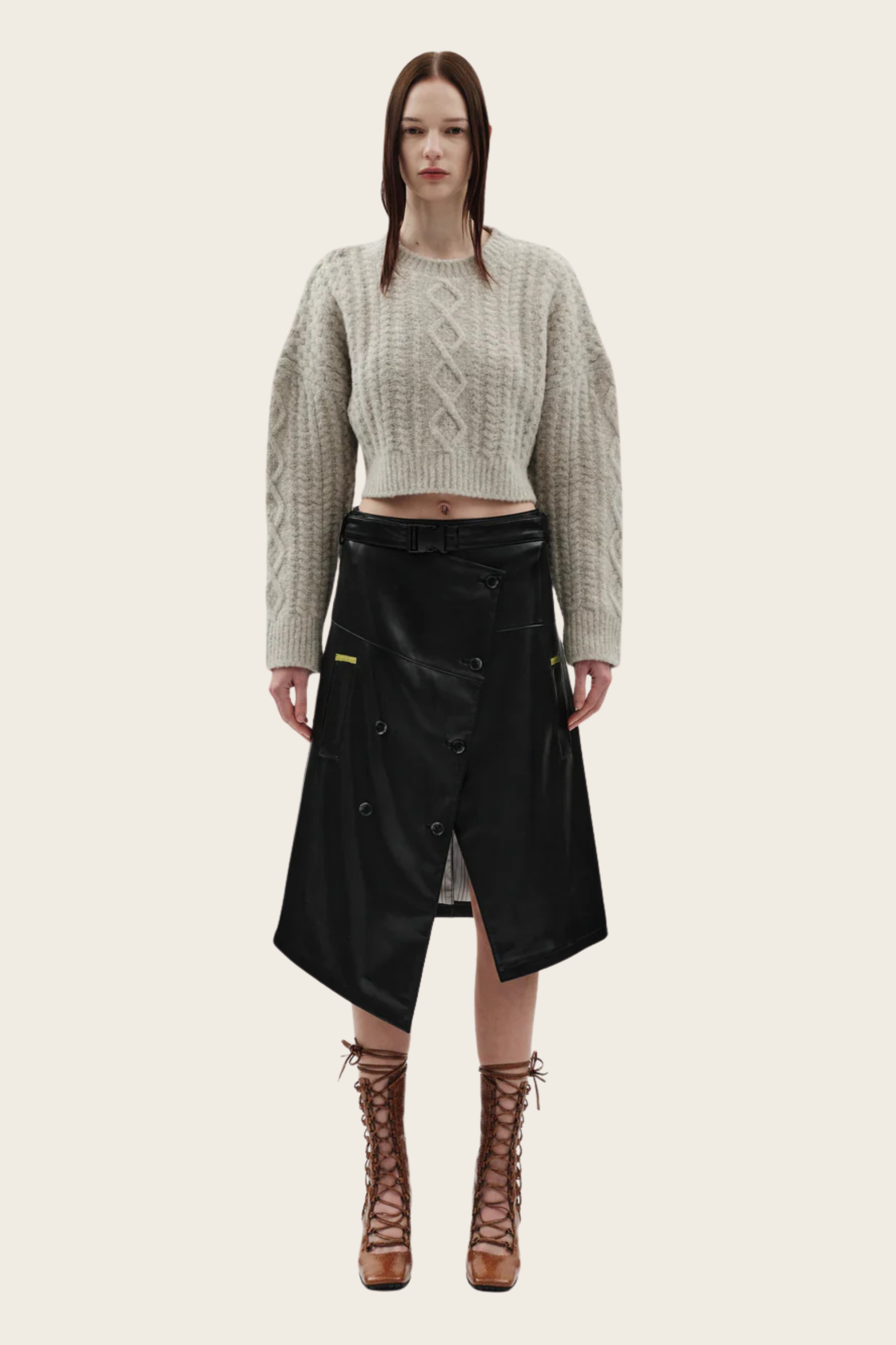 Trench Skirt, Material: Faux Leather, Colour: Black, Mid-length skirt, New Arrivals, FW25, Espace Cannelle