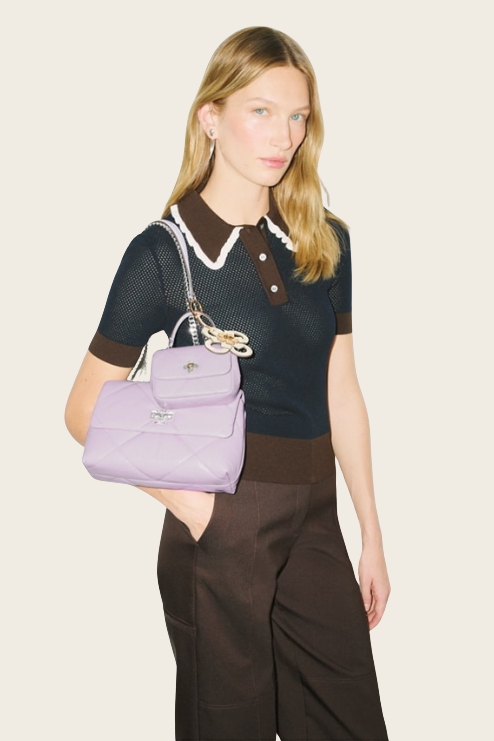 Small Kira Diamond Quilt Convertible Shoulder Bag, Colour Purple Heather, Material Napa leather, Flap with magnetic snap closure, New Arrivals, SS25, Espace Cannelle