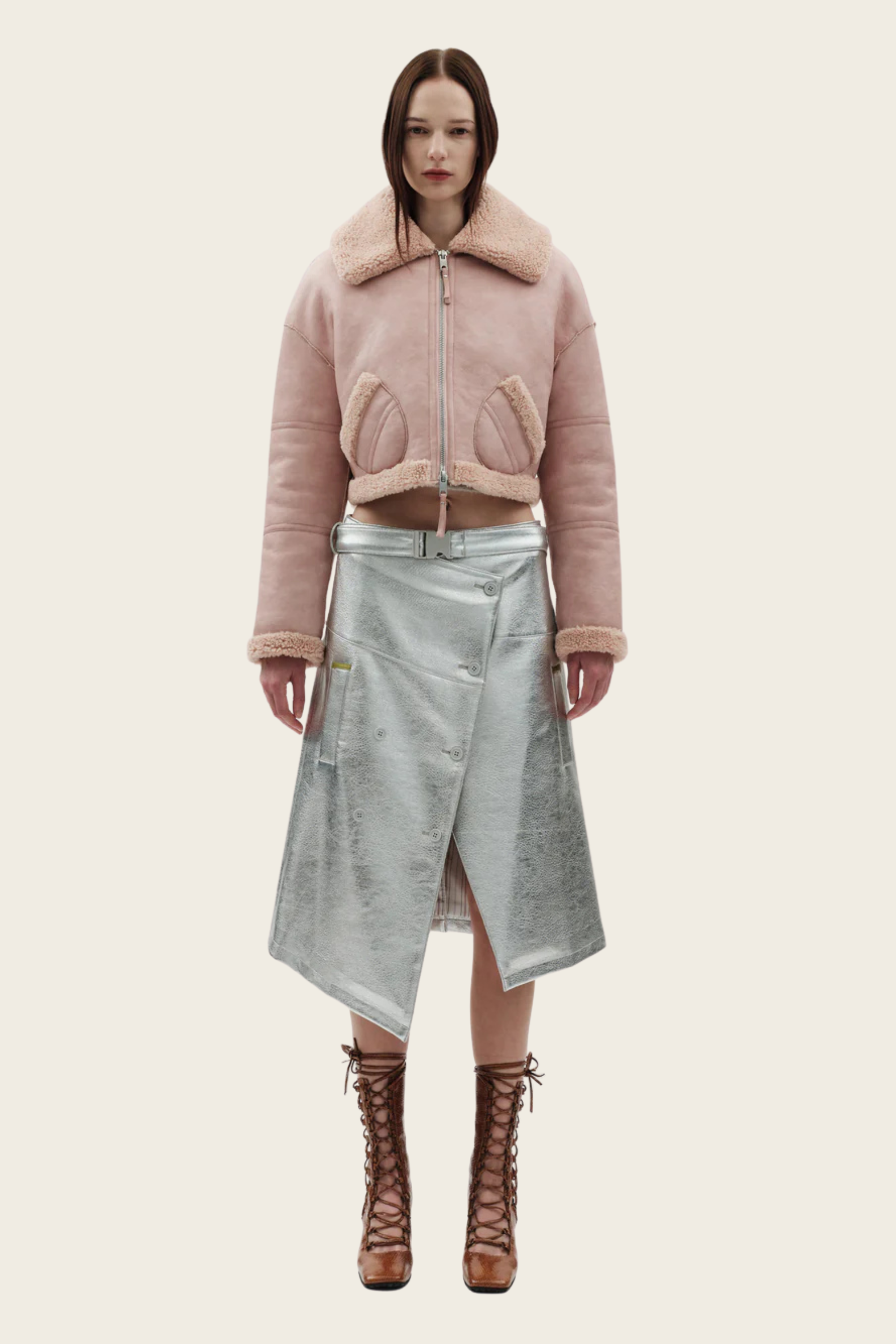 Aviator Cropped Jacket, Composition: Faux shearling and faux leather, Colour: Pink, Shrunken, cropped fit, New Arrivals, FW25, Espace Cannelle