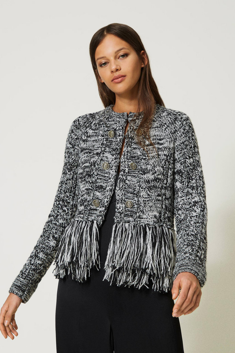 Wool Blend Mandarin Collar Jacket with Fringes - Twinset