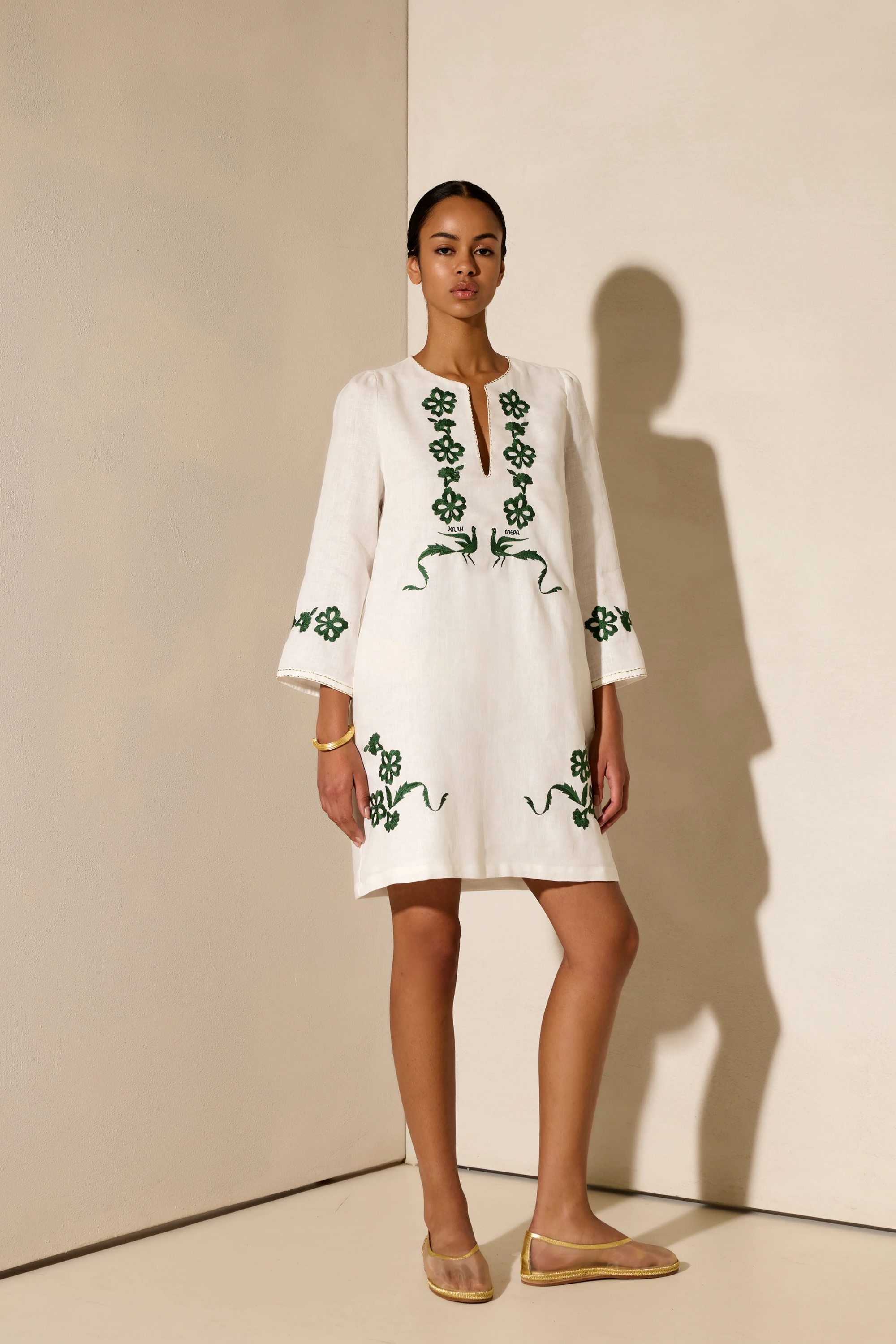 Kalimera Embroidered Linen Dress, Colour Off White - Olive, Floral embroidery, 100% Linen, New Arrivals, SS25, Espace Cannelle