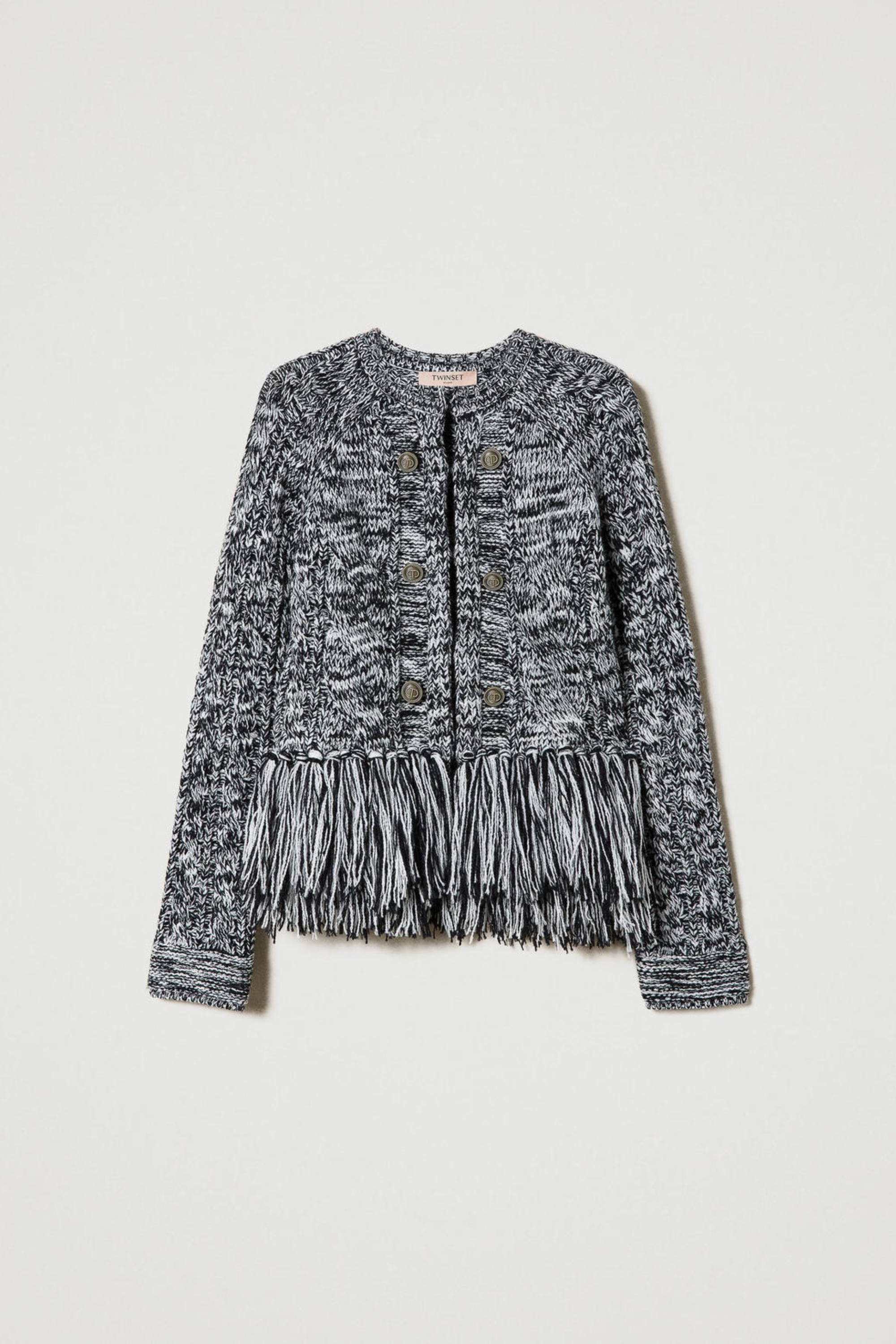 Wool Blend Mandarin Collar Jacket with Fringes - Twinset