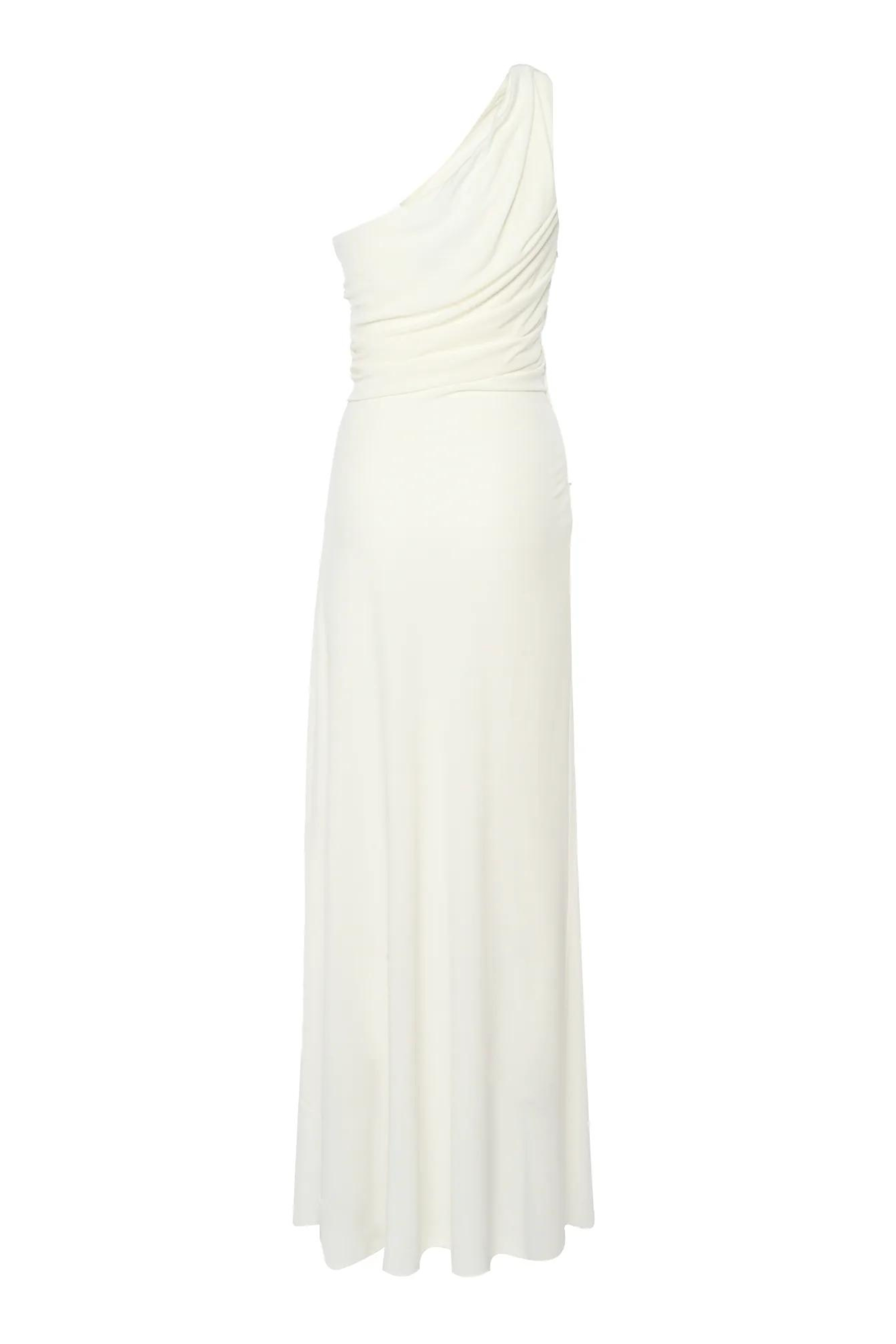 One-Shoulder Gown by Alberta Ferretti, composition 100% Viscose, Colour: White, sleeveless with a long flared hem, Made in Italy, New Arrivals at Espace Cannelle, SS23 Collection