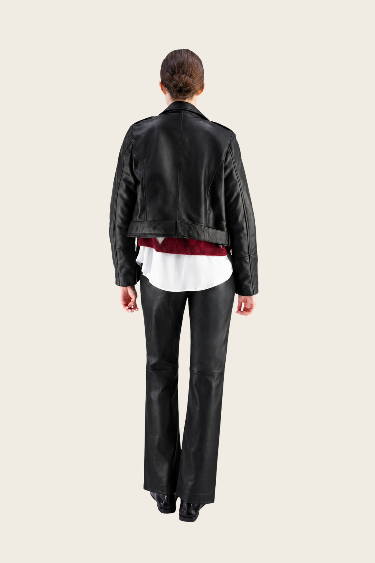 Black Biker jacket by Max&Moi, back view showing panel seams and waist-length hem - espace cannelle