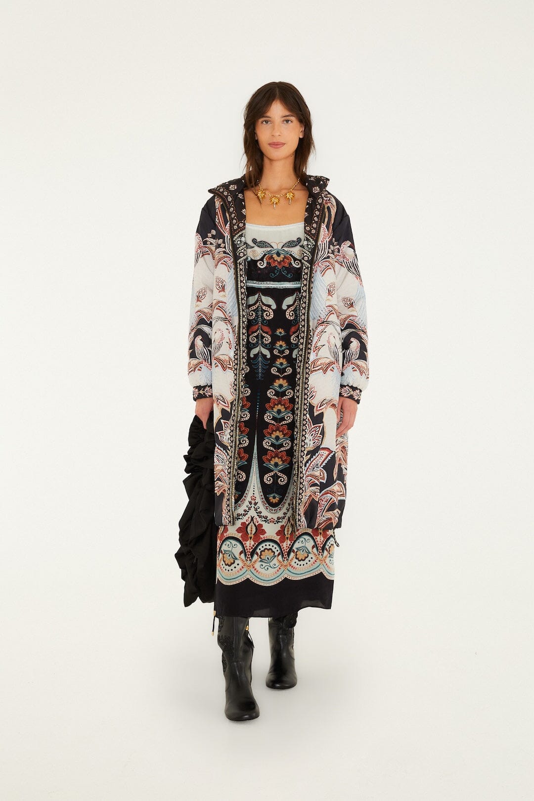FARM Rio Tapestry Dream Reversible Midi Puffer Jacket, full-length model view