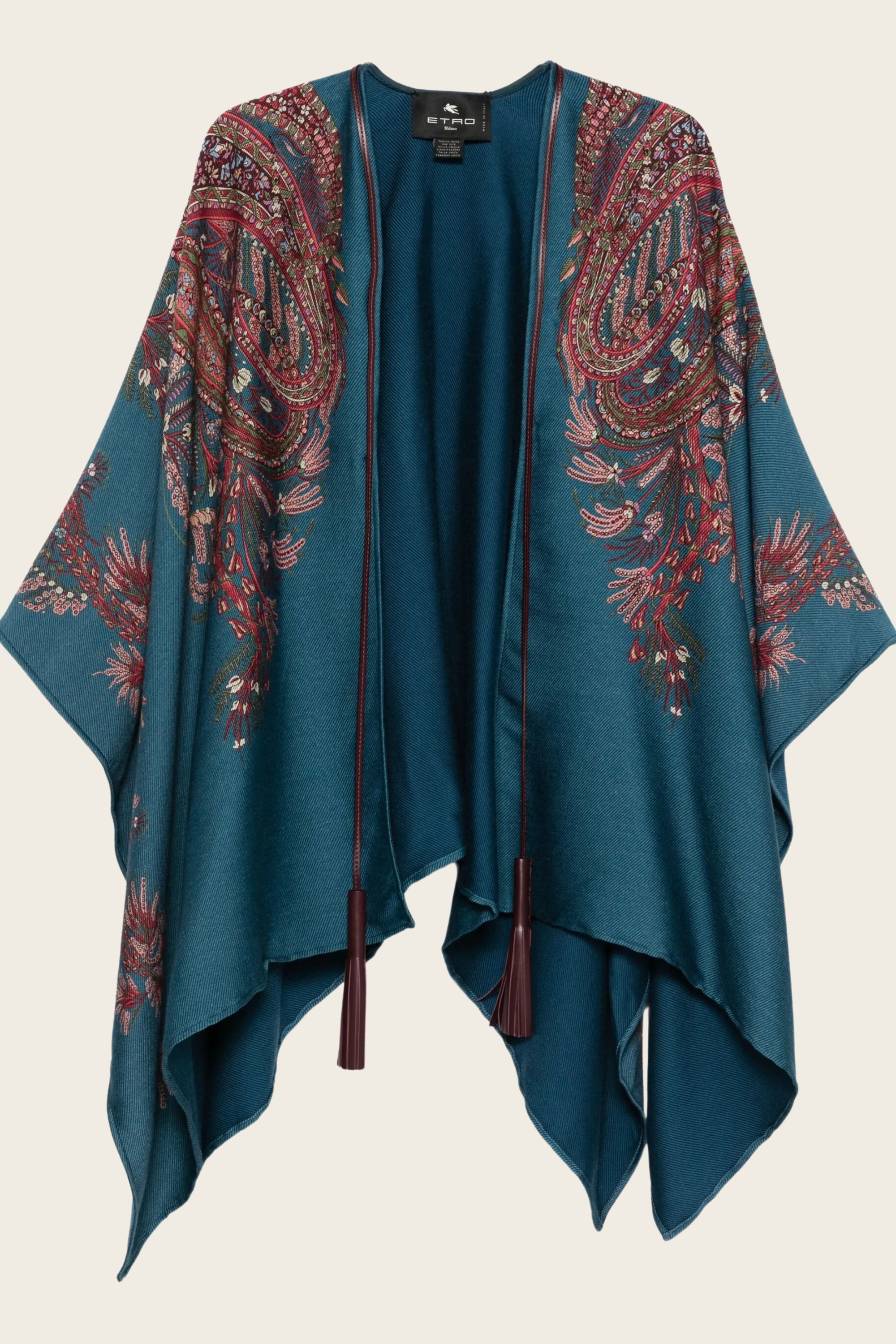 Paisley Poncho - Material: 85% Wool, 15% Modal - Colour: Teal blue with paisley pattern - Tassel trim - New Arrivals - SS25 - Espace Cannelle