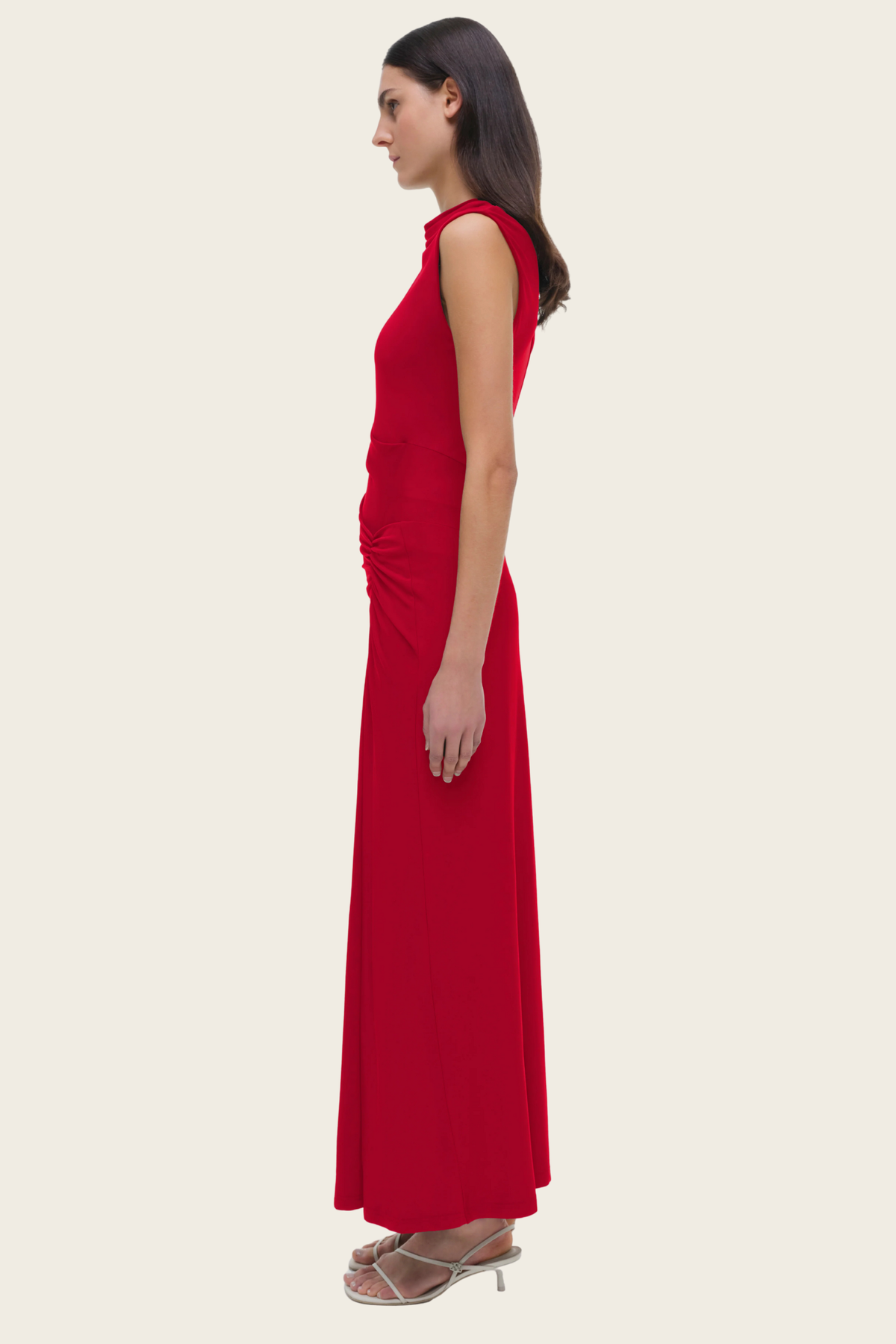 Red Acacia midi dress by Simkhai, side profile showing the sleeveless midi silhouette - espace cannelle