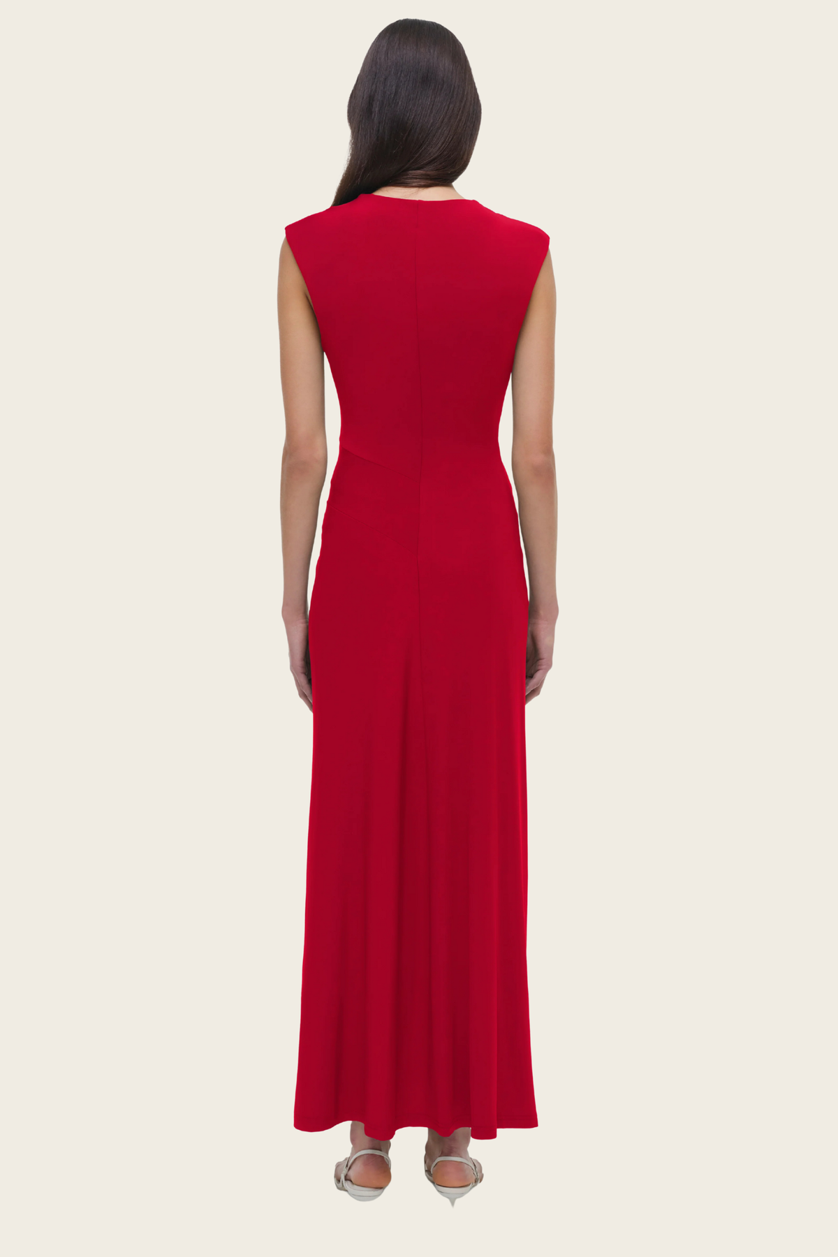 Red Acacia midi dress by Simkhai, rear view showing the clean back and midi hem - espace cannelle