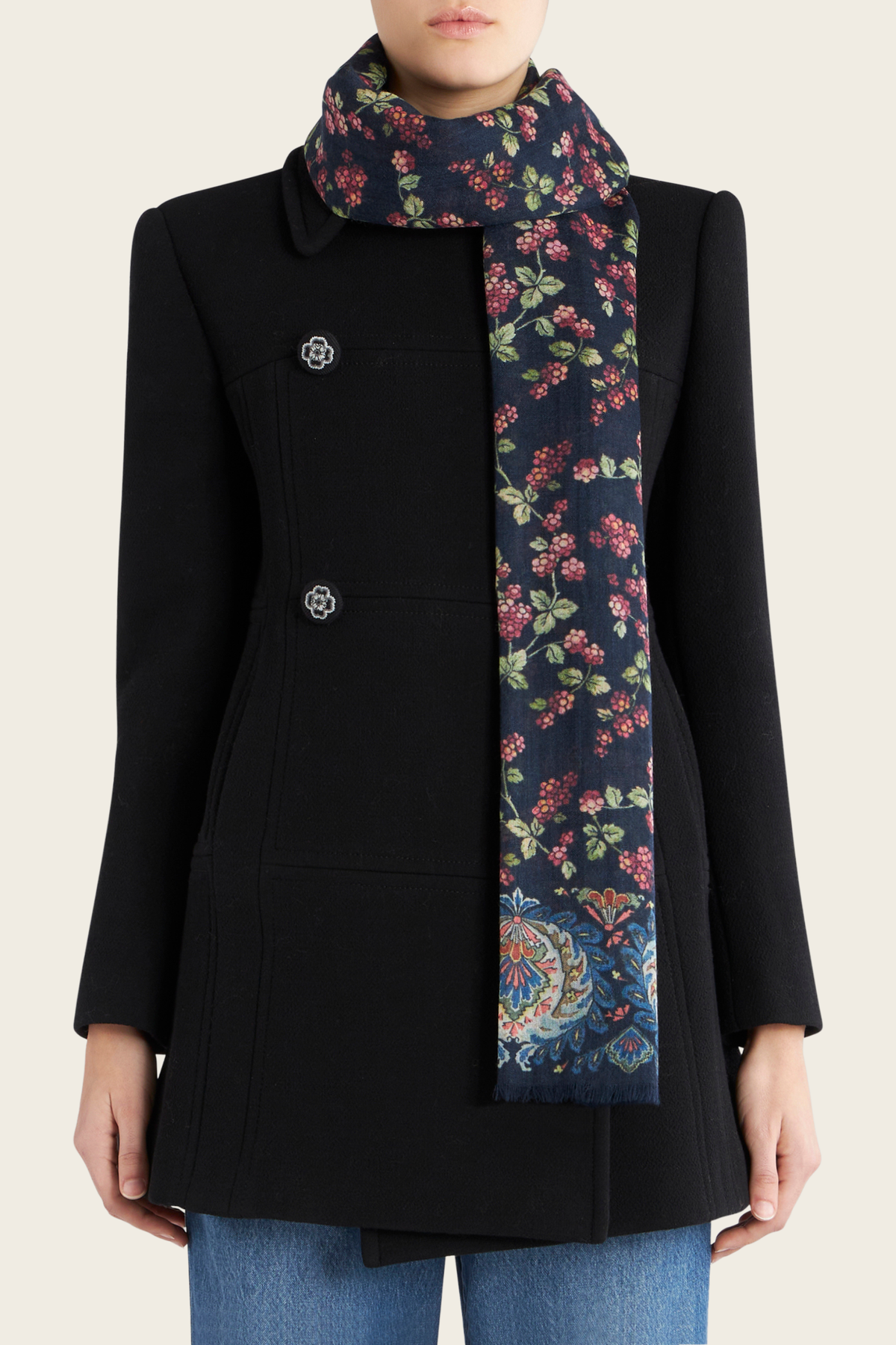 Etro berry-print scarf with a Paisley border, styled around a model's neck