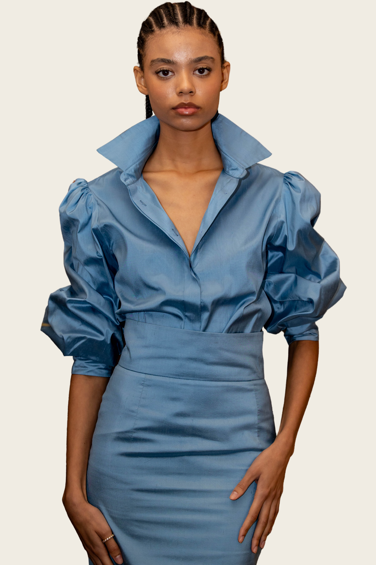 Blue Silk Blouse - Roselyn Silva, Material: 100% silk, Removable bow, Colour: Blue, New Arrivals, SS26, Espace Cannelle