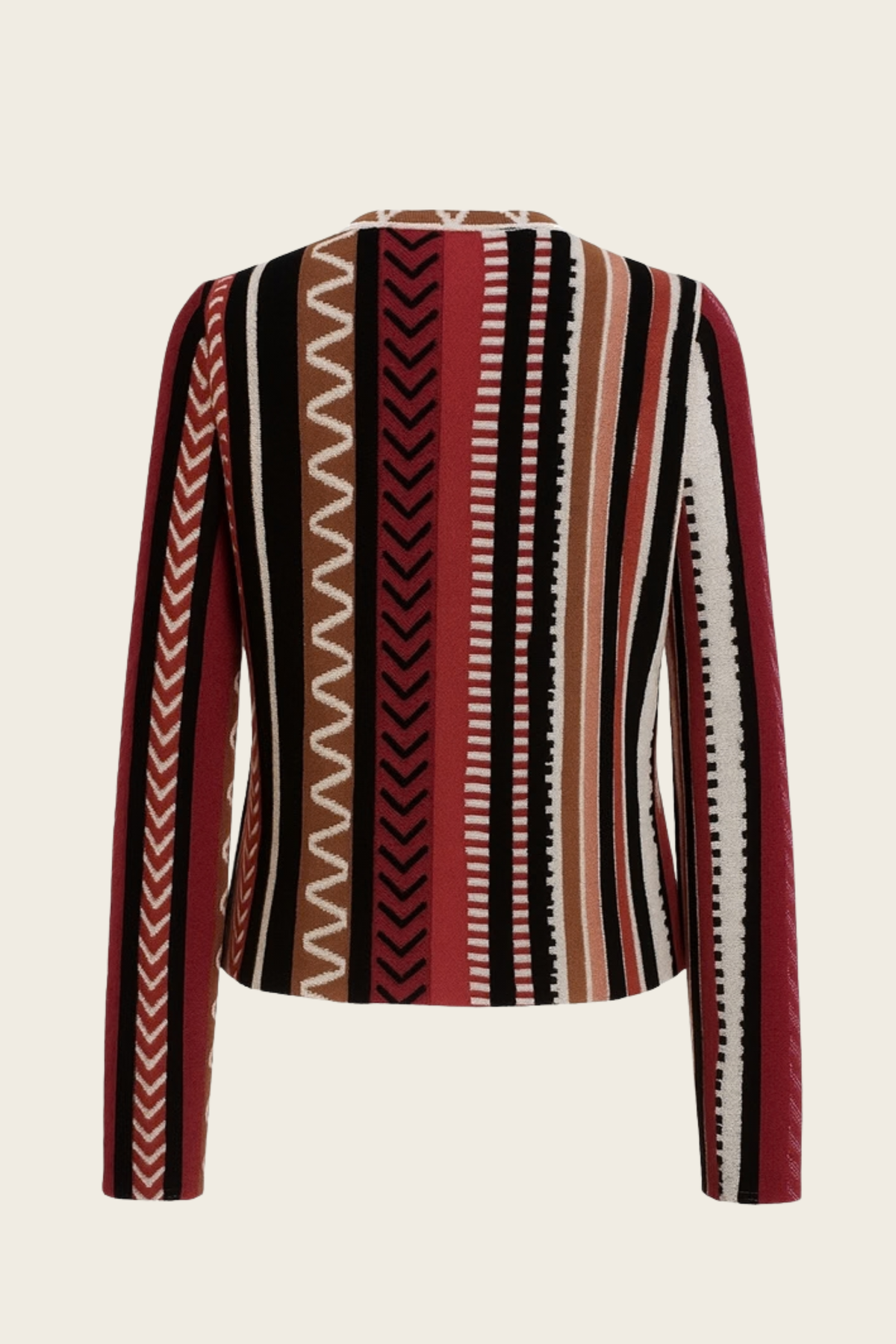 Camila cardigan with striped and zigzag pattern by Cecilia Prado, rear view shown without a model