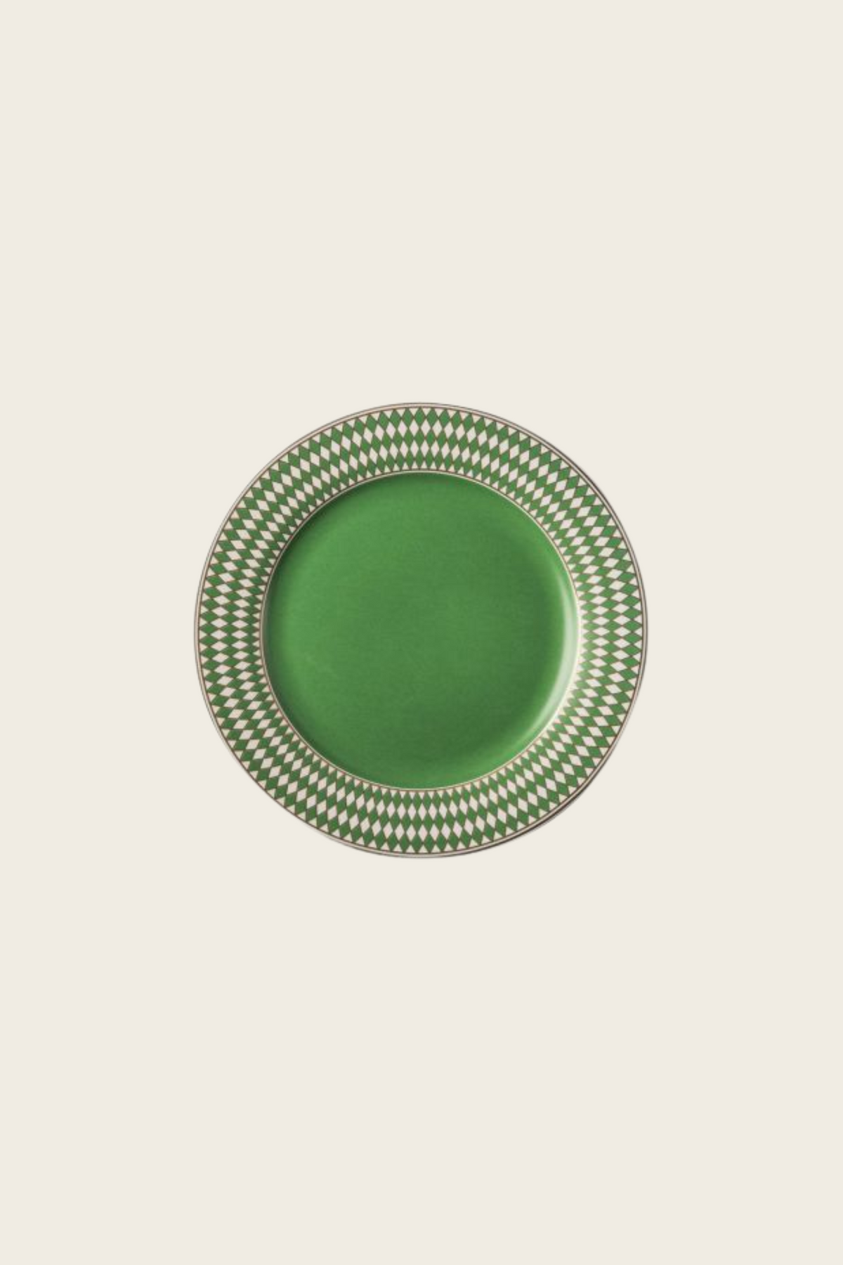 Top view of a green Chess side plate with a patterned rim
