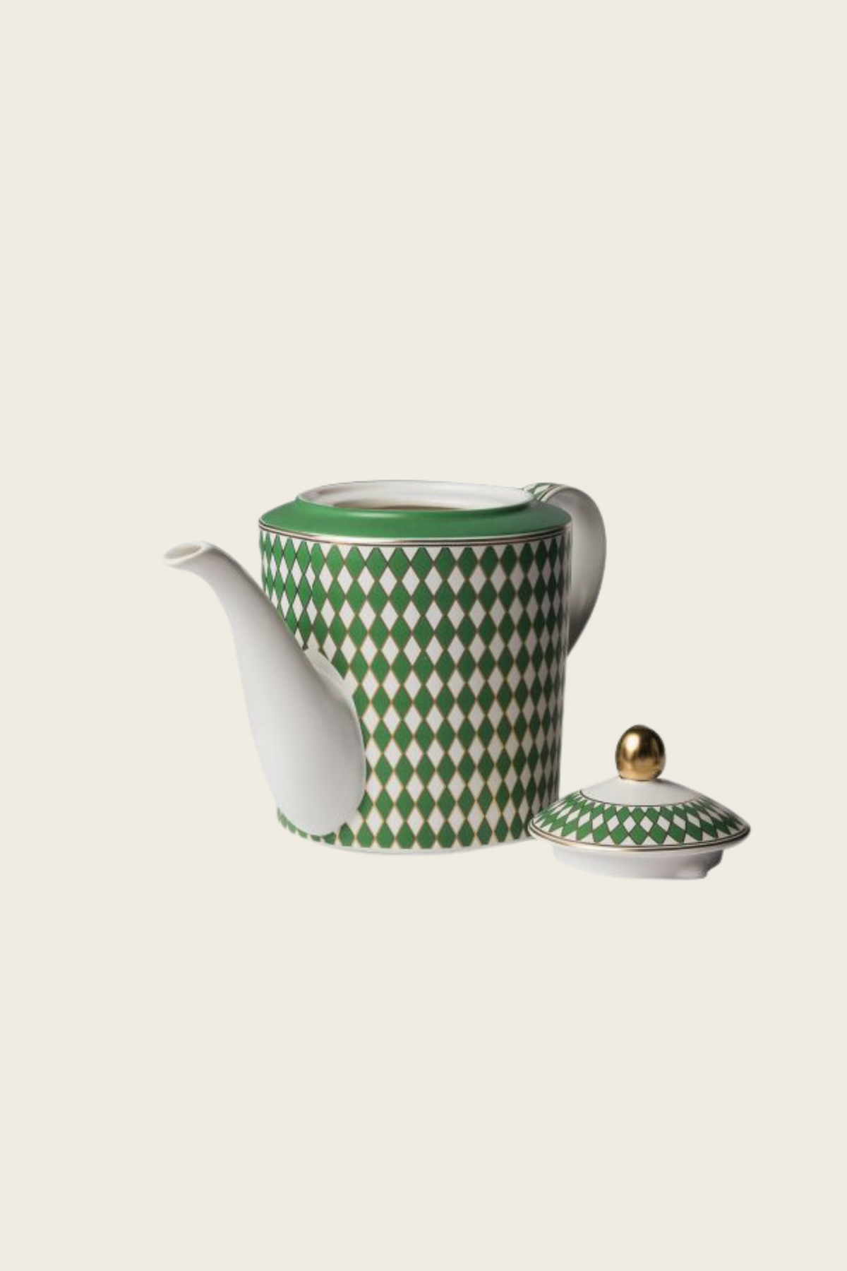 Chess teapot with its green patterned lid set beside the open pot