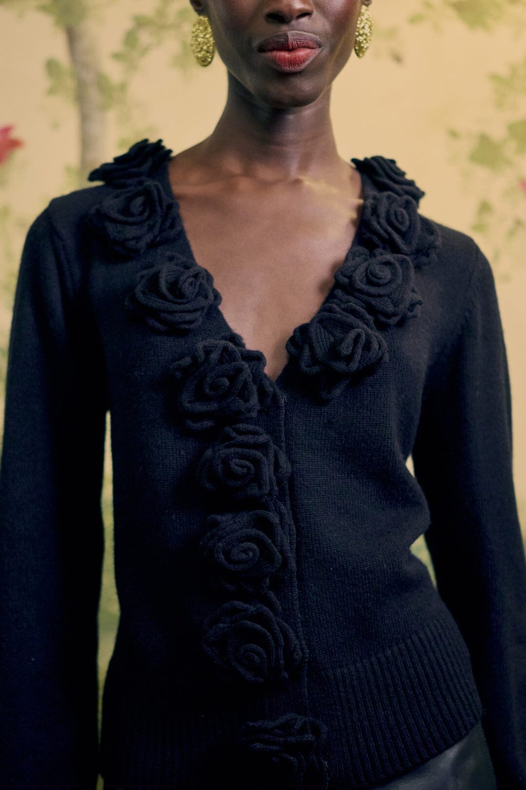 FARM Rio black 3D Flowers Knit Cardigan, full model view
