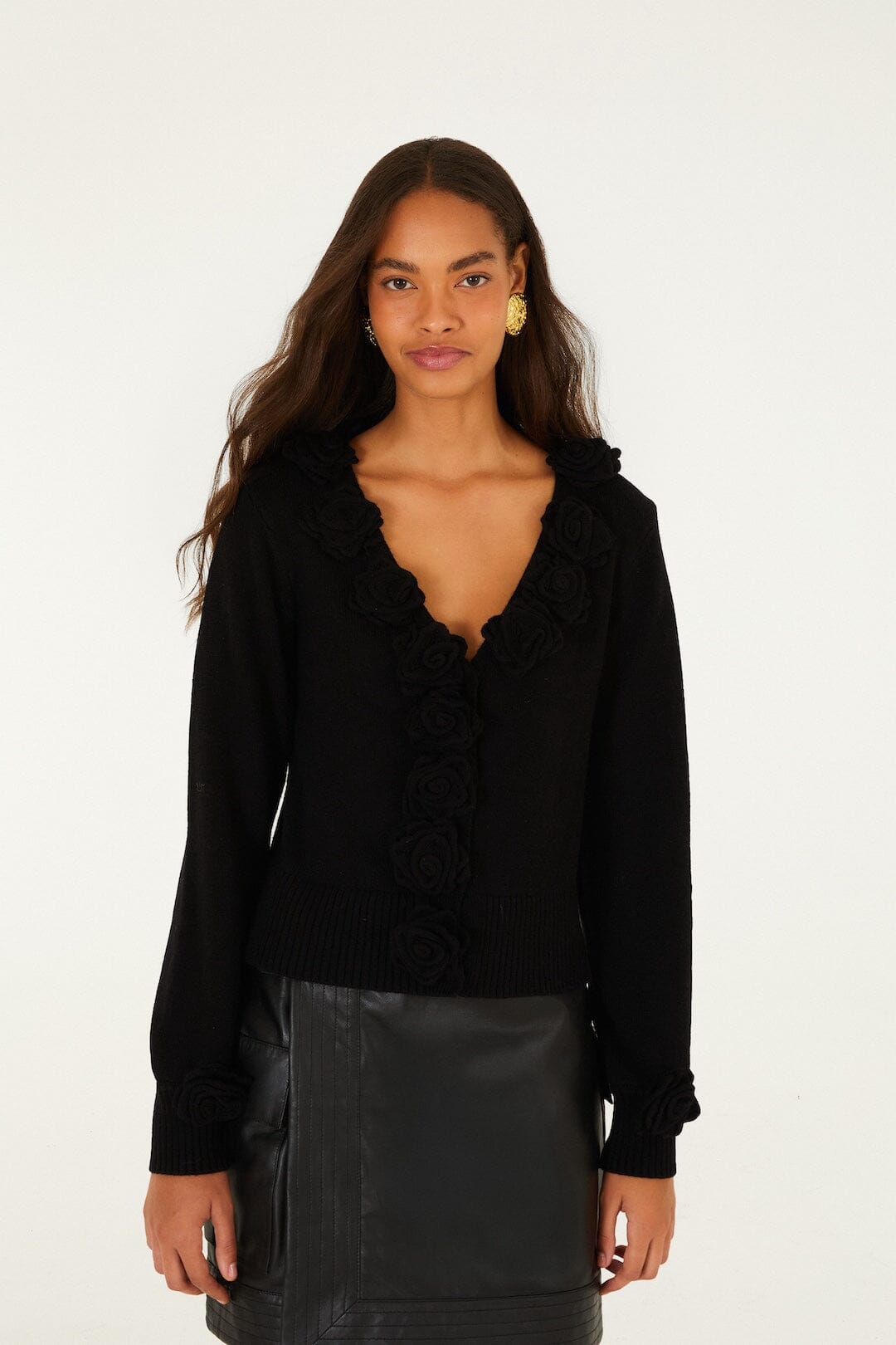FARM Rio black 3D Flowers Knit Cardigan detail