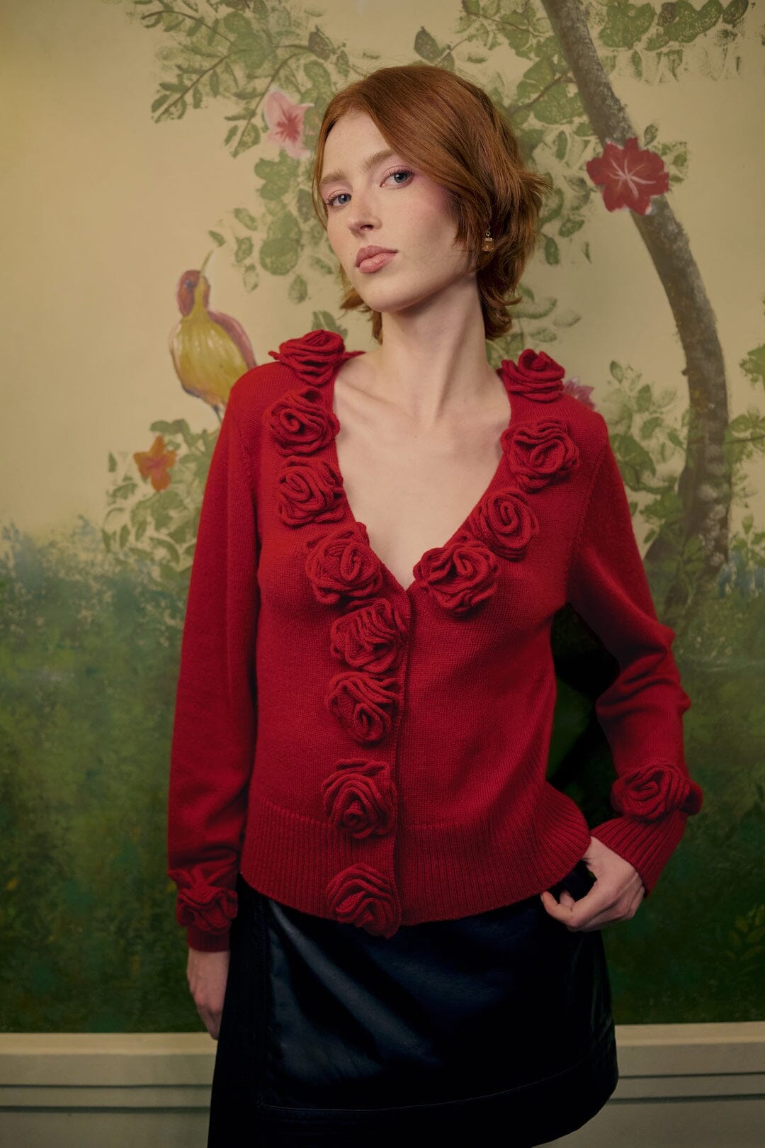 FARM Rio red 3D Flowers Knit Cardigan, full length front view