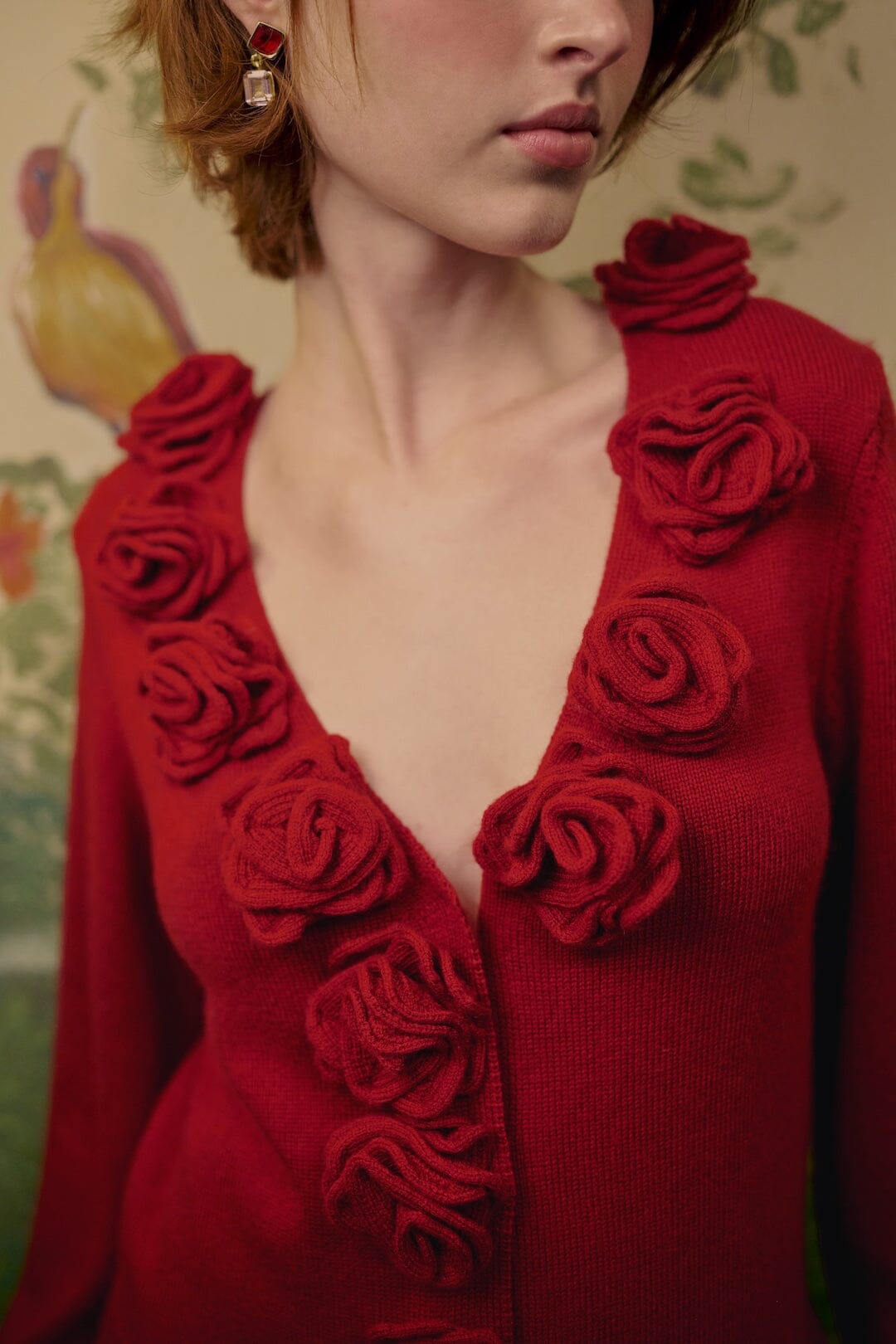 FARM Rio red 3D Flowers Knit Cardigan, front view