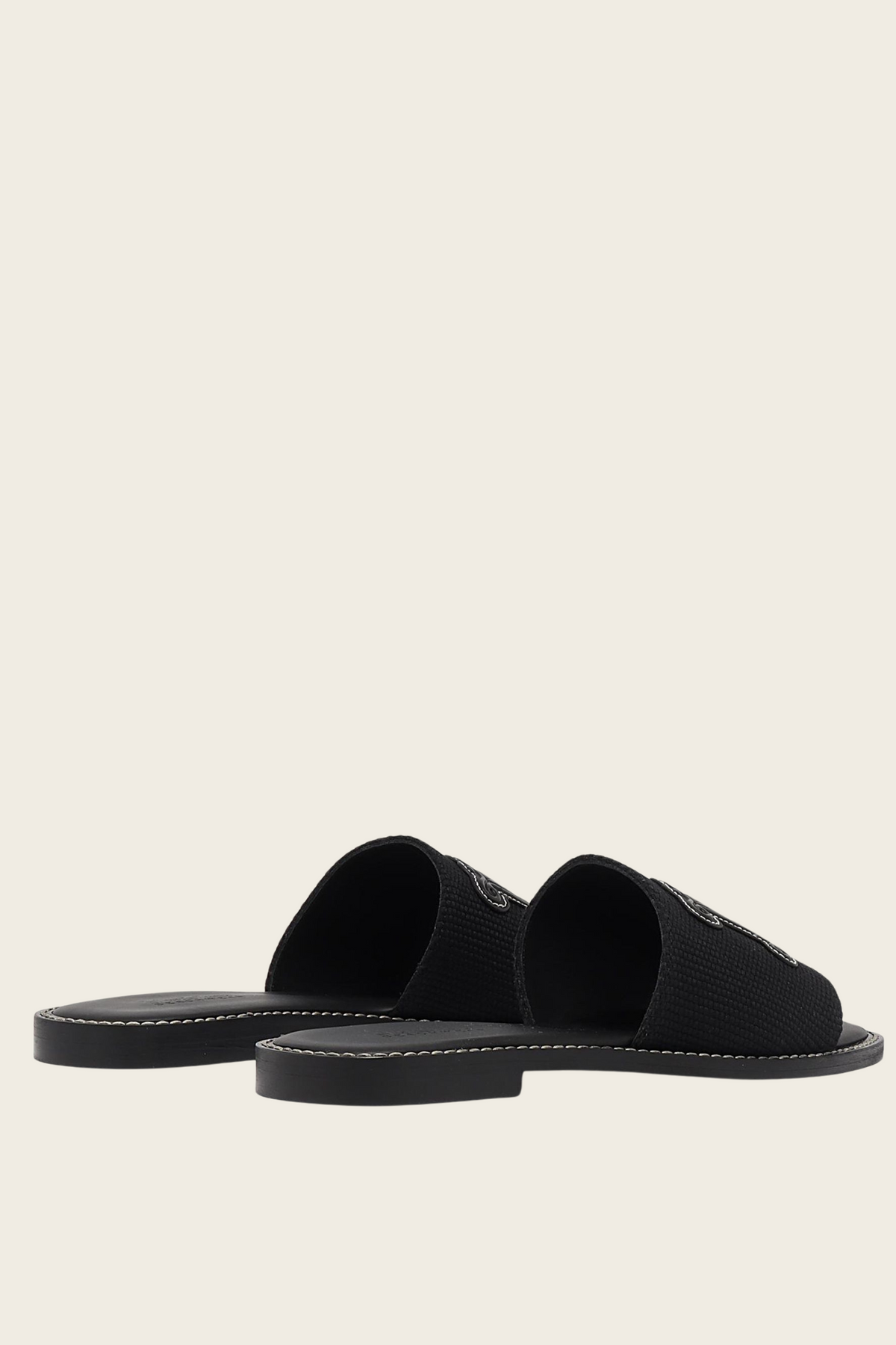 Black Geneve slide sandals by MaxMara Beachwear, rear angled view showing open heels and textured straps