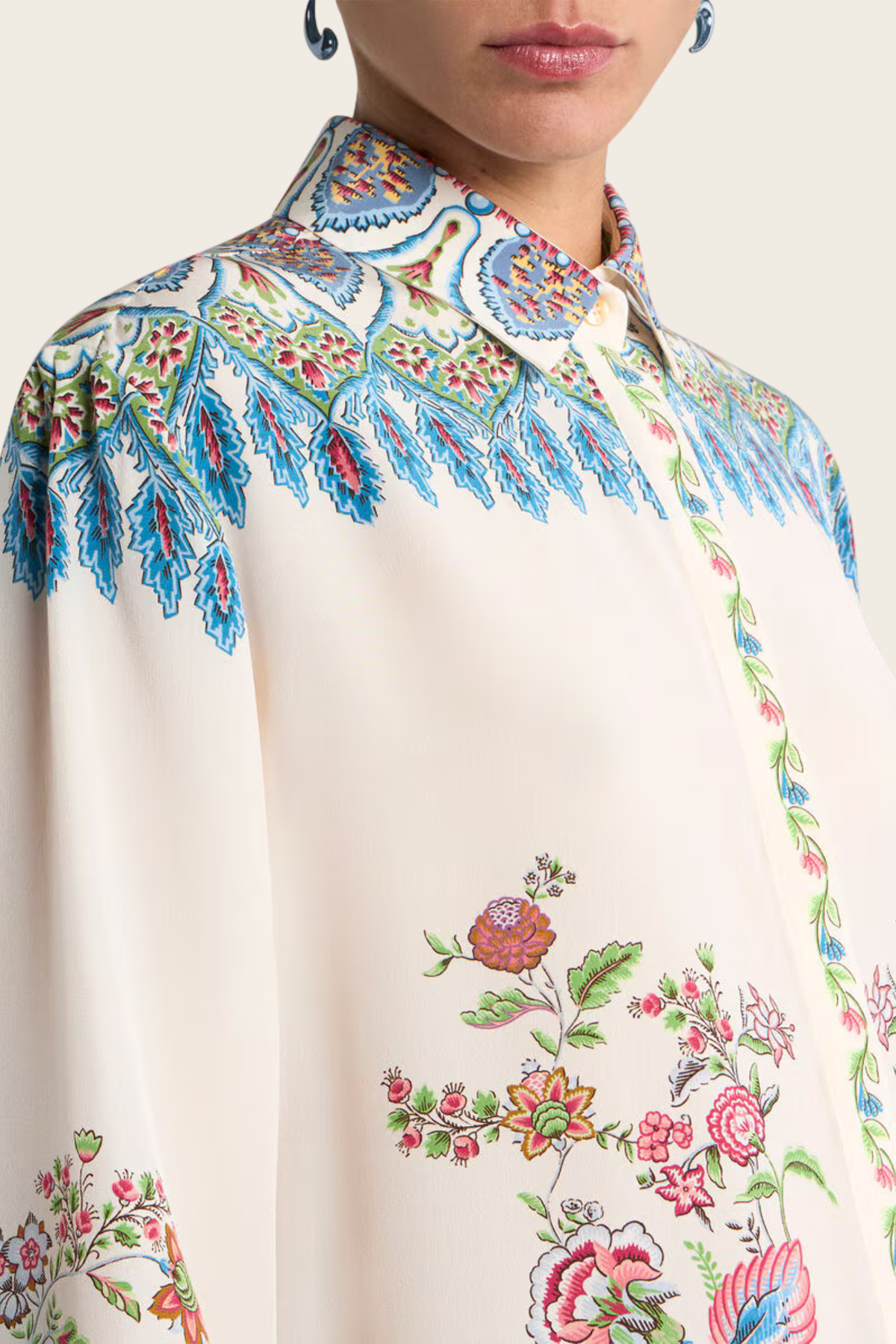 Long Silk Shirt With Placed Floral Print - Etro - ESPACE CANNELLE