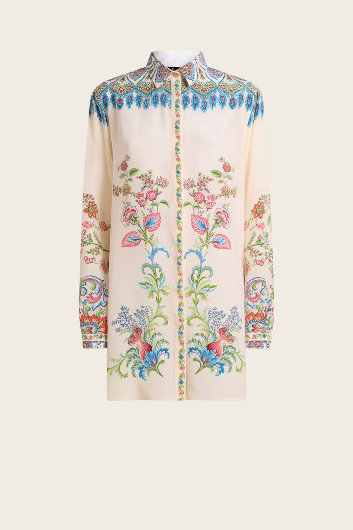 Long Silk Shirt With Placed Floral Print - Etro - ESPACE CANNELLE