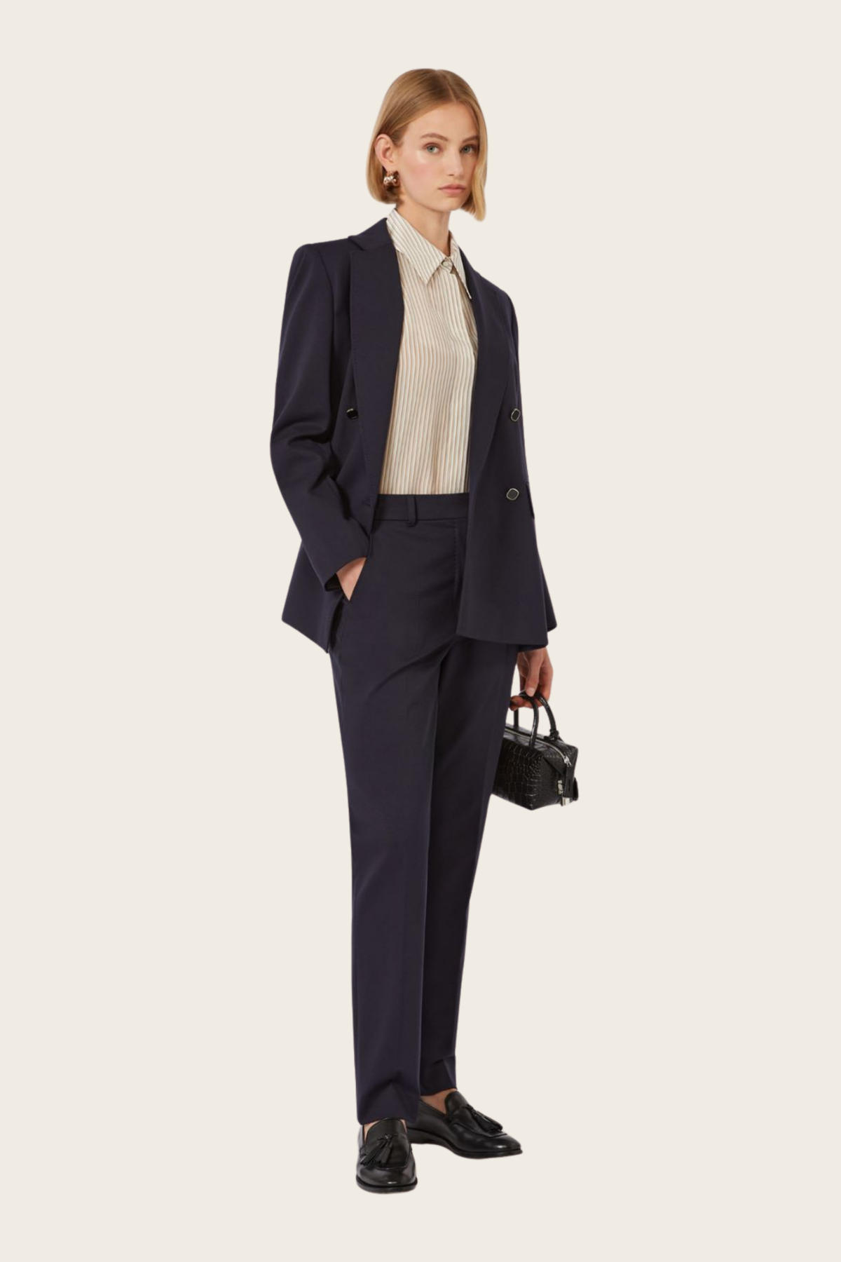 Milano-knit double-breasted jersey blazer, Composition: Jersey 56% viscose, 36% polyamide, 8% elastane; lining 70% acetate, 30% polyester,  Colour: Navy, Double-breasted fit, Espace Cannelle, SS26, New Arrivals