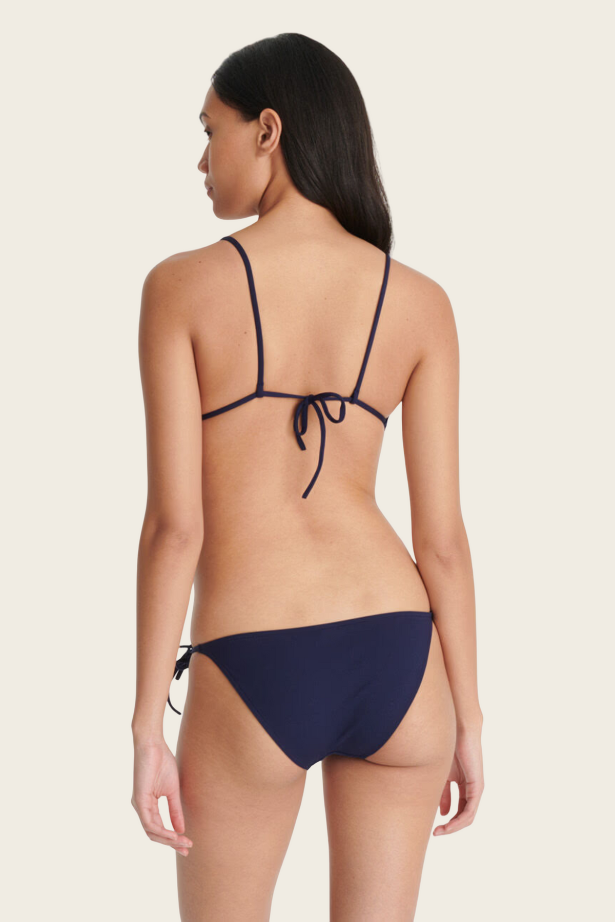 Back view of a navy bikini with a tie-back top and bottoms