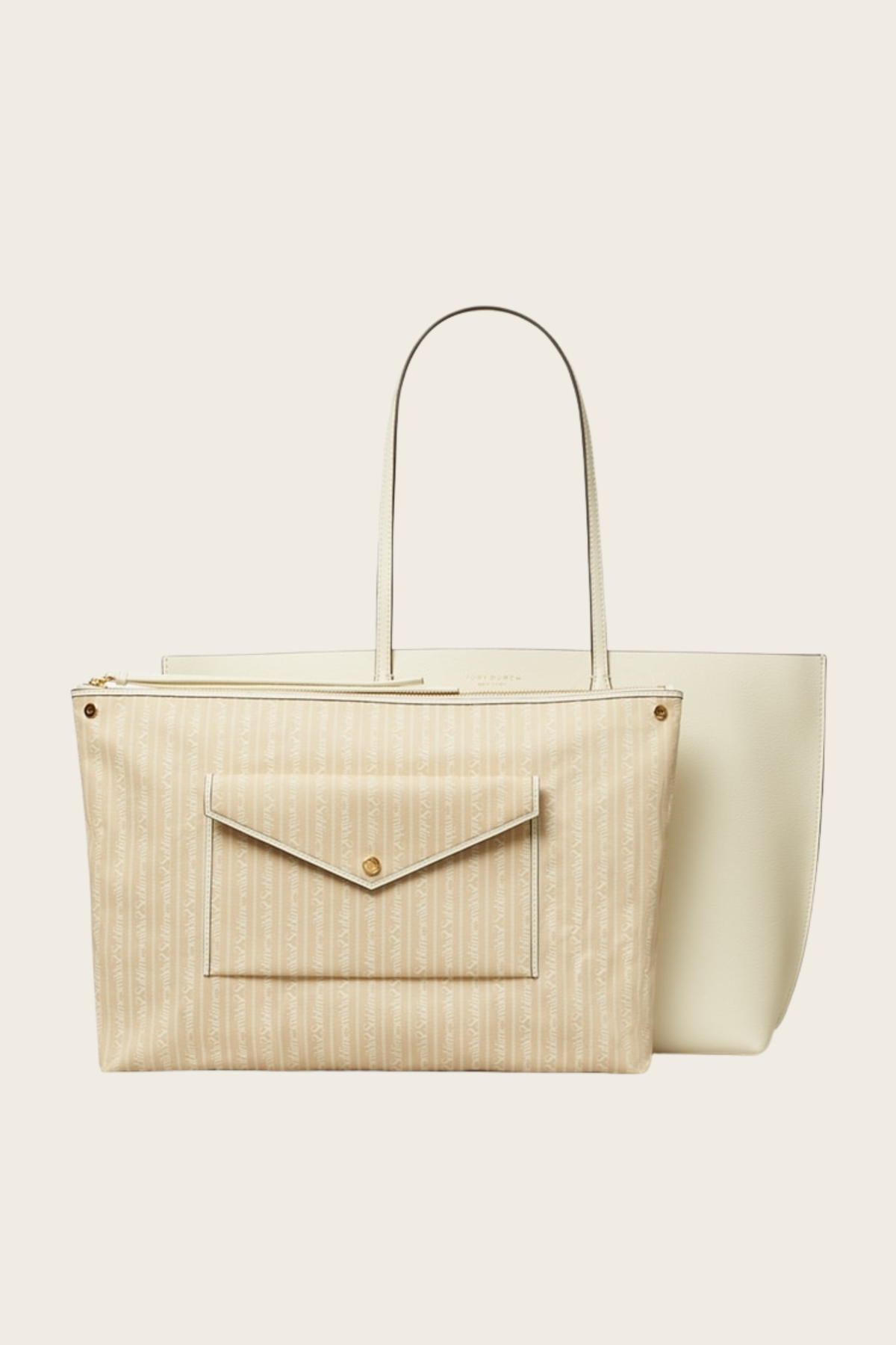 Ivory Perry tote with a patterned pouch at the front