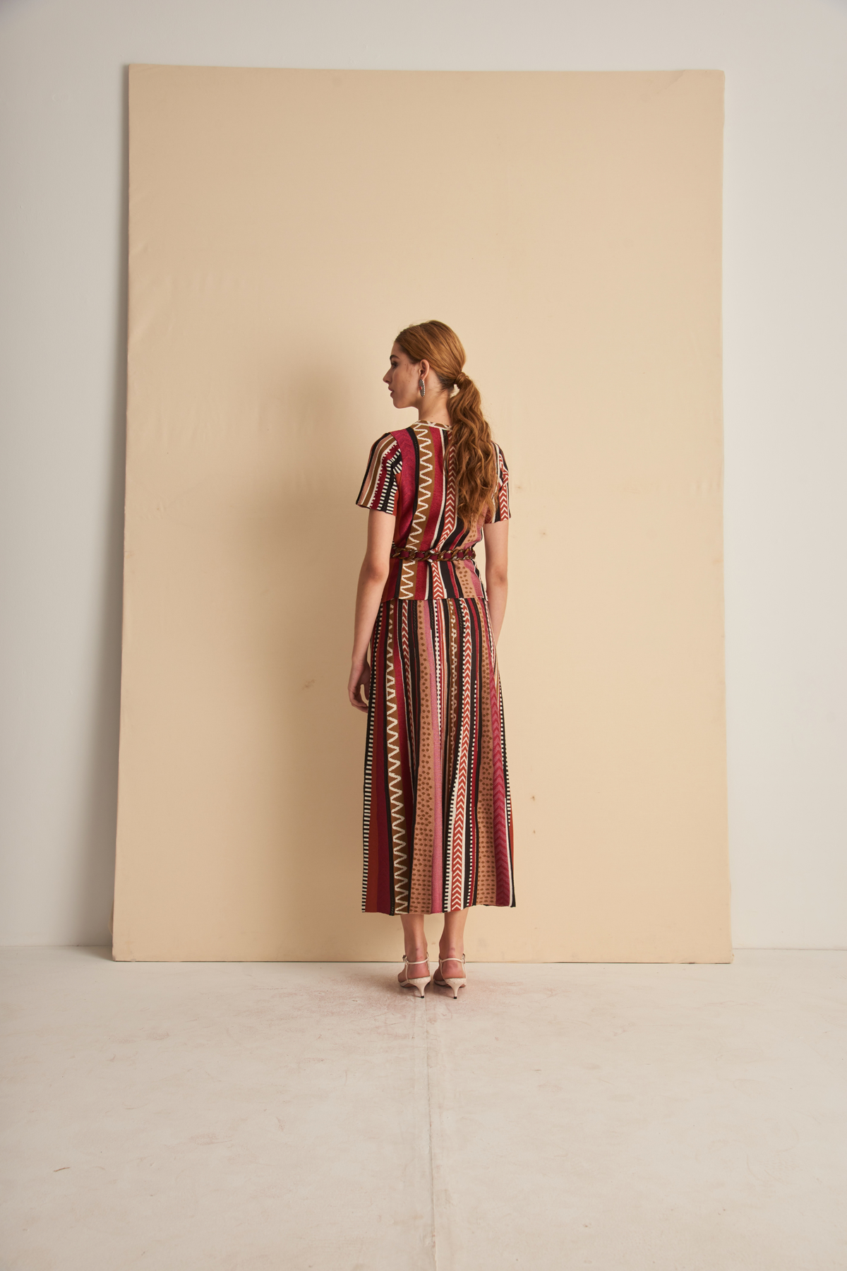 Carla skirt with striped and zigzag pattern by Cecilia Prado, rear view on a model