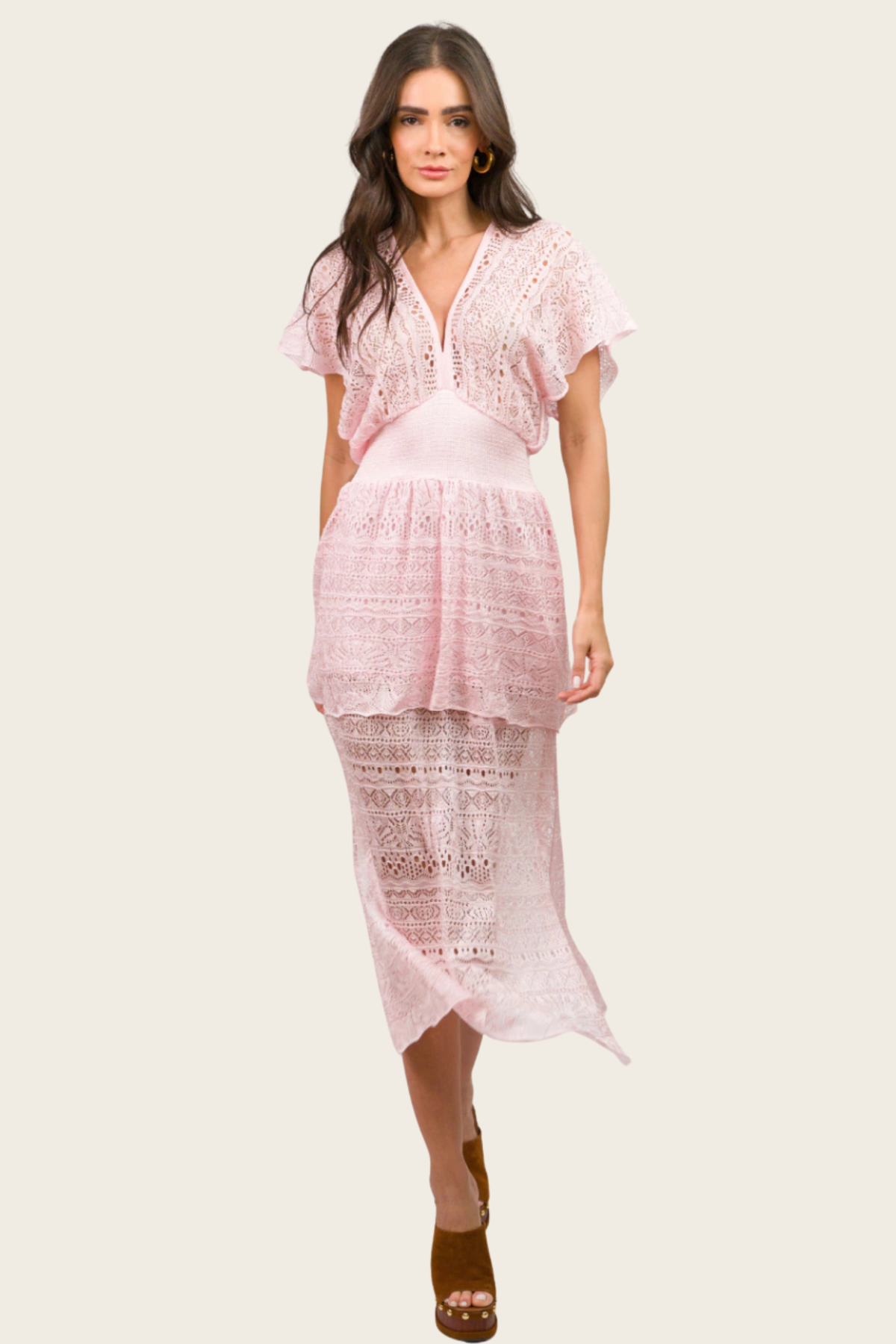 Savanah dress with openwork pattern by Cecilia Prado, front view on a model - espace cannelle