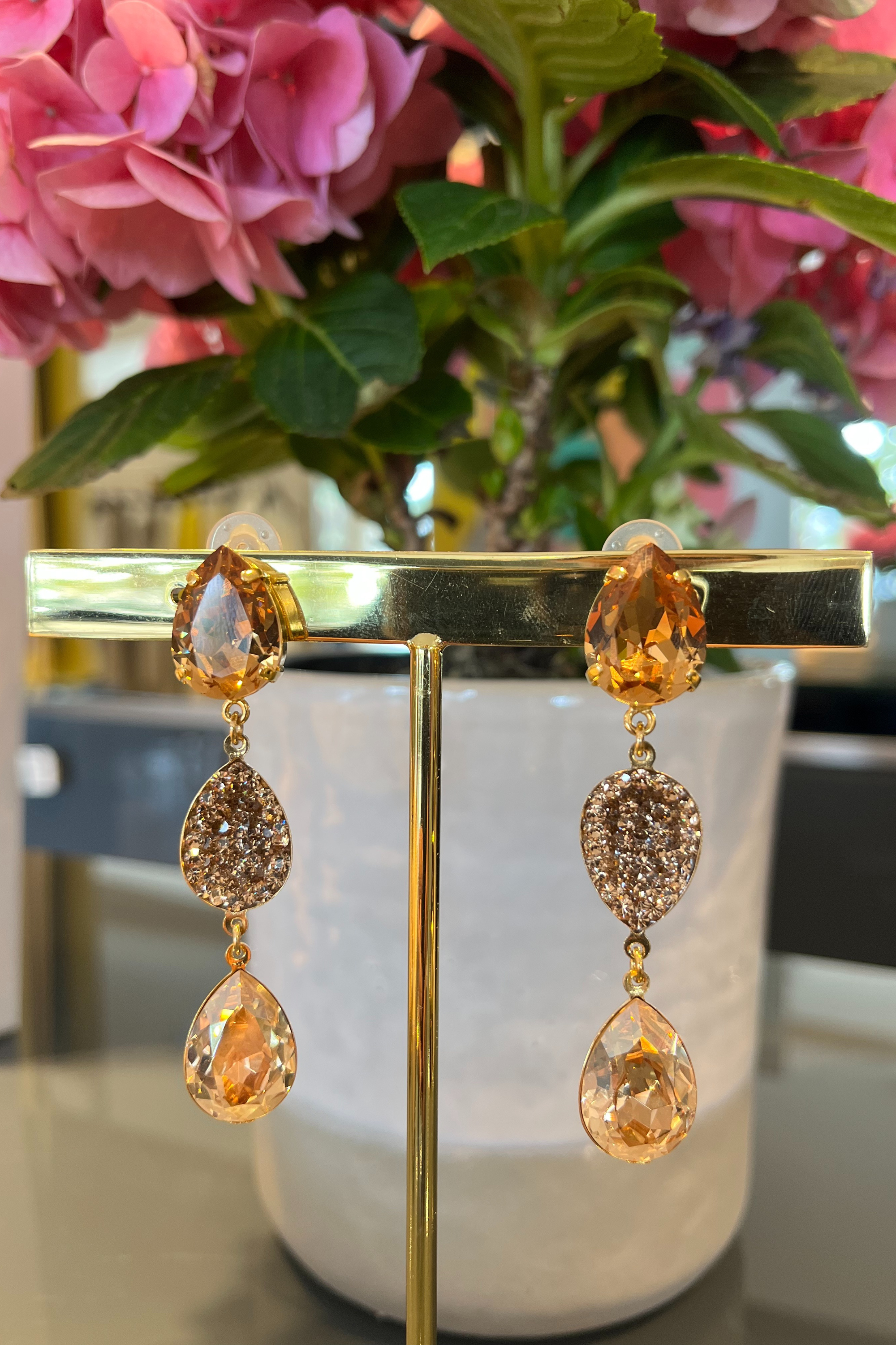 Swarovski Crystal Drop Earrings by Melissa Kandiyoti, Colour: Amber/silver/rose, Swarovski crystal, Belgium brand, Made in France, New Arrivals at Espace Cannelle