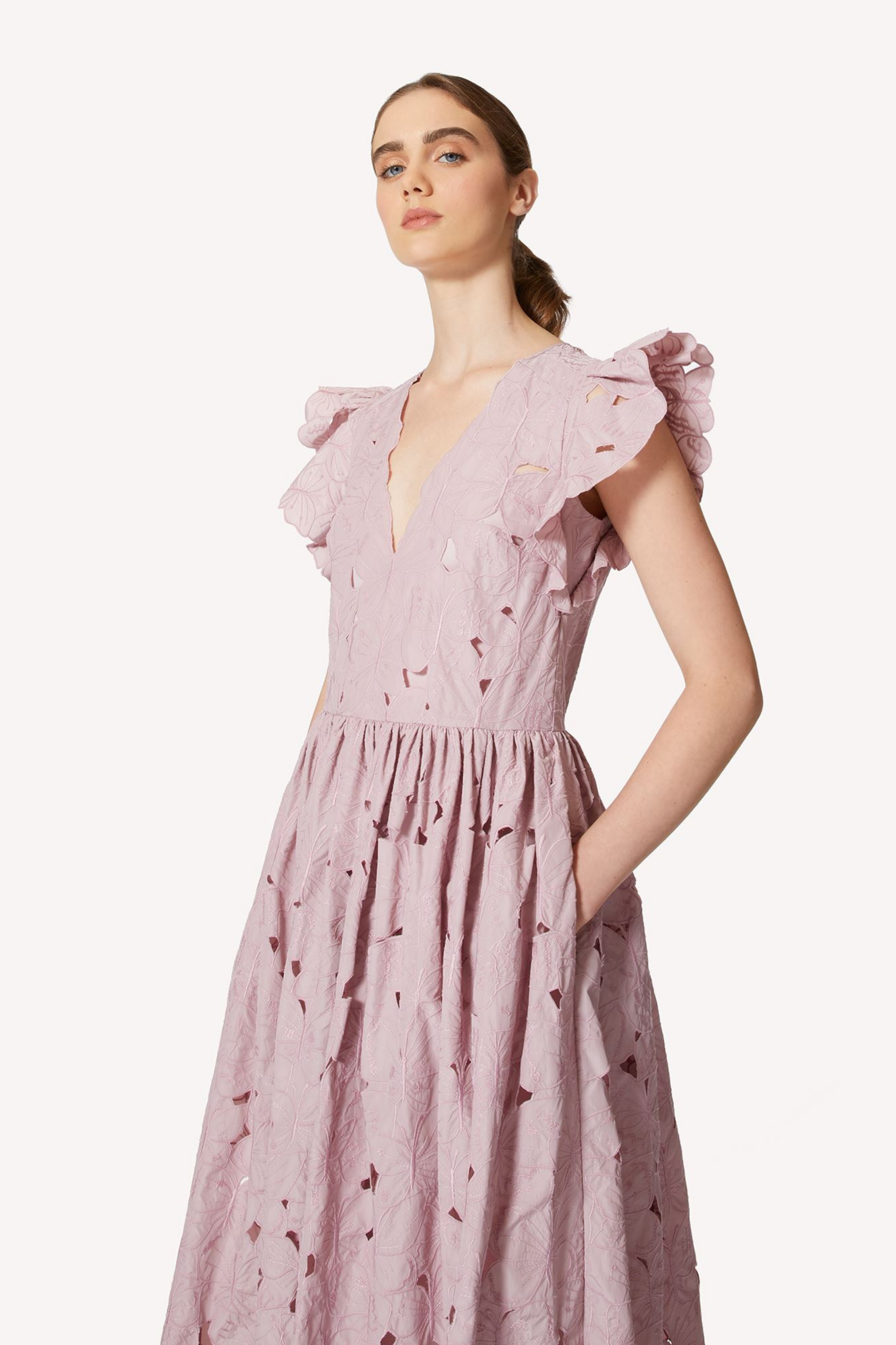 Taffeta Dress with Butterfly Cut-Out by Red Valentino, Colour: Mauve, Ruffled Sleeves, New Arrivals SS22, Espace Cannelle Luxury Store