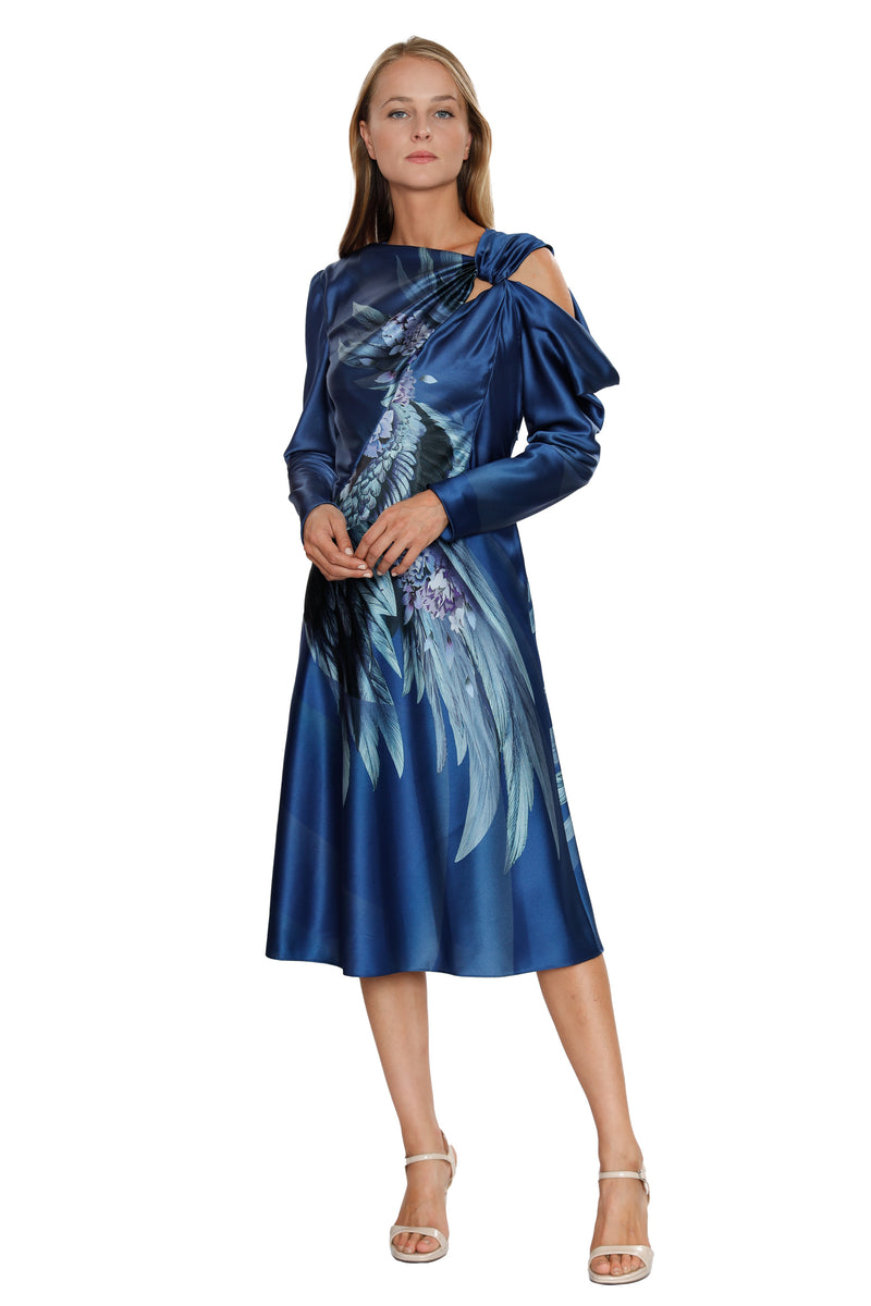 Off-Shoulder Silk Dress by Alberta Ferretti, 92% Silk, 8% Elastane, Colour: Blue, Bird print, FW22 Collection, New Arrivals, Espace Cannelle
